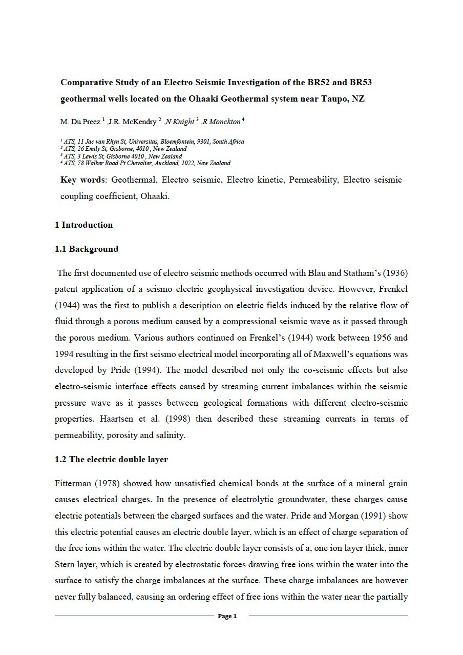 Paper - Comparative Study of an Electro Seismic Investigation of the BR52 and BR53 geothermal wells located on the Ohaaki Geothermal system near Taupo, NZ
