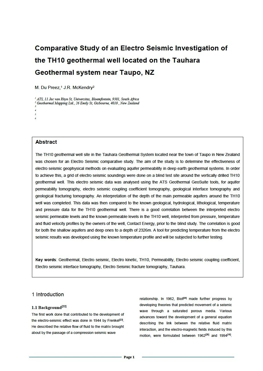 Paper - Comparative Study of an Electro Seismic Investigation of the TH10 geothermal well located on the Tauhara Geothermal system near Taupo, NZ