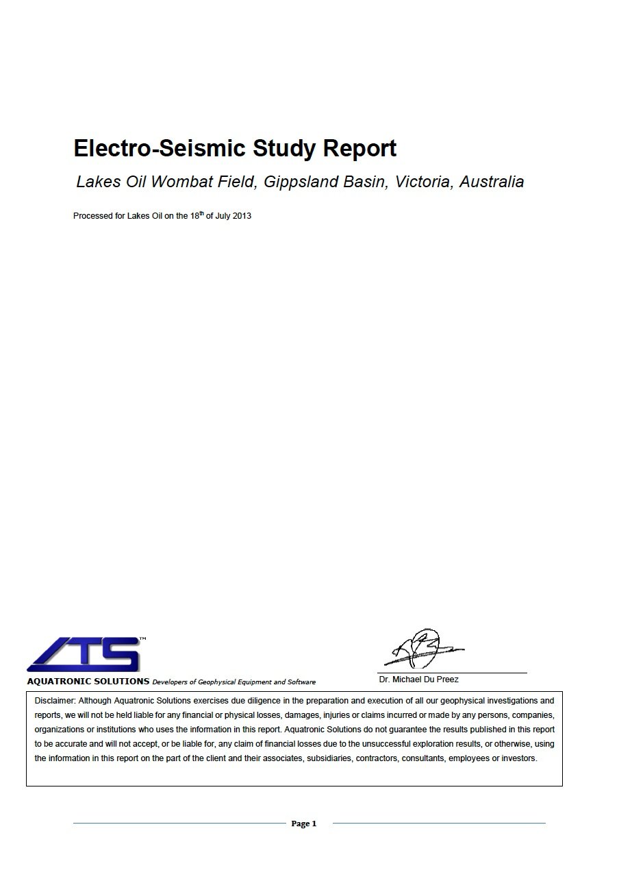 Report - Electro-Seismic Study Report
Lakes Oil Wombat Field, Gippsland Basin, Victoria, Australia
