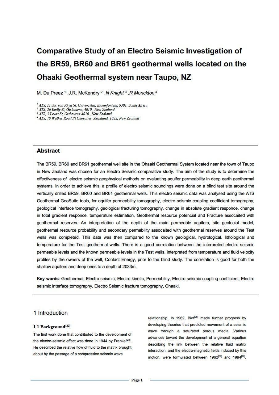 Paper - Comparative Study of an Electro Seismic Investigation of the BR59, BR60 and BR61 geothermal wells located on the Ohaaki Geothermal system near Taupo, NZ