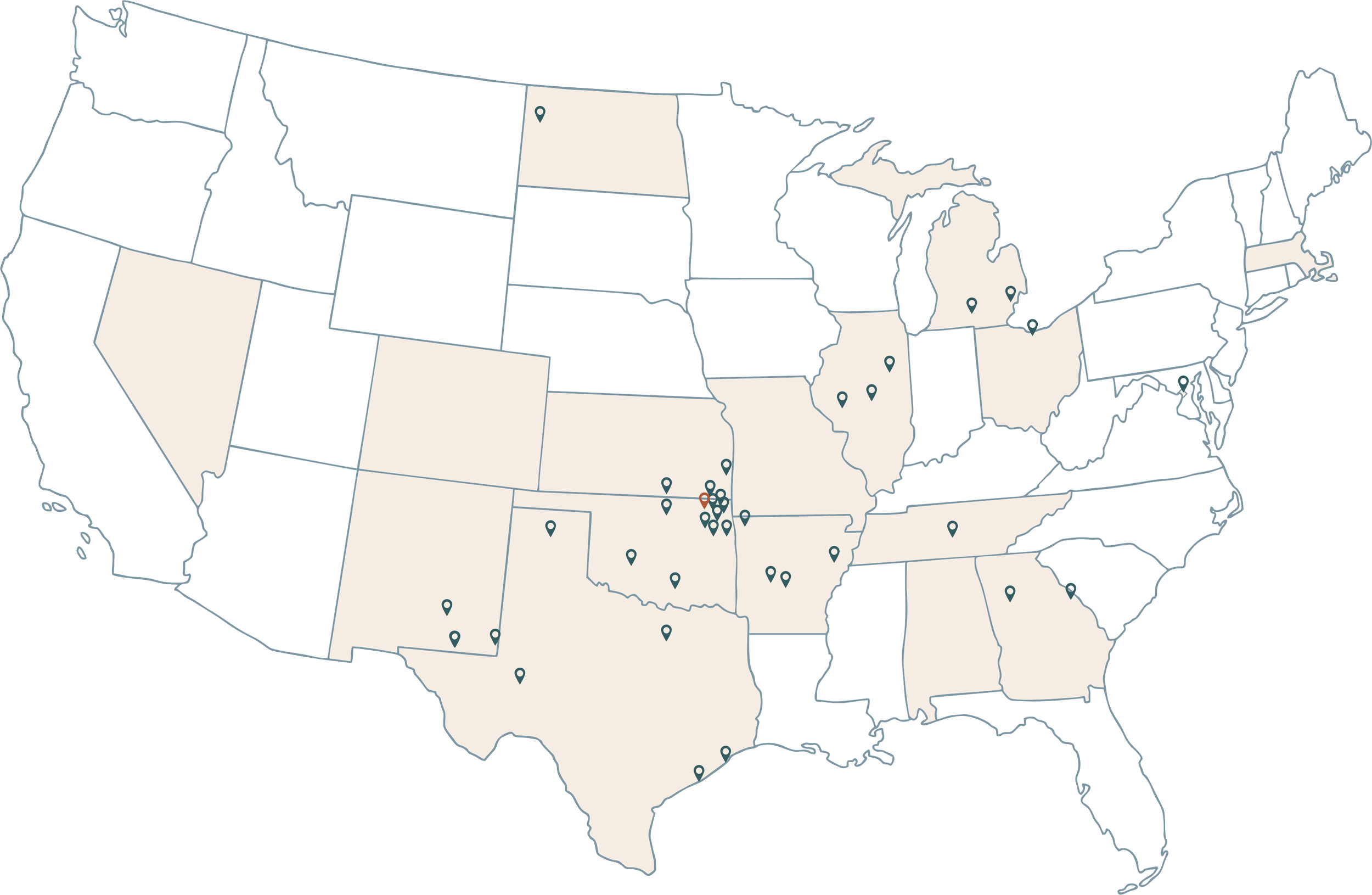 Map of the United States with multiple markers in various states, mostly in the central region, indicating locations of interest or data points.