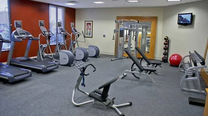 Empty fitness room with treadmills, elliptical machines, a weight machine, a stability ball, dumbbells, and a TV on the wall.