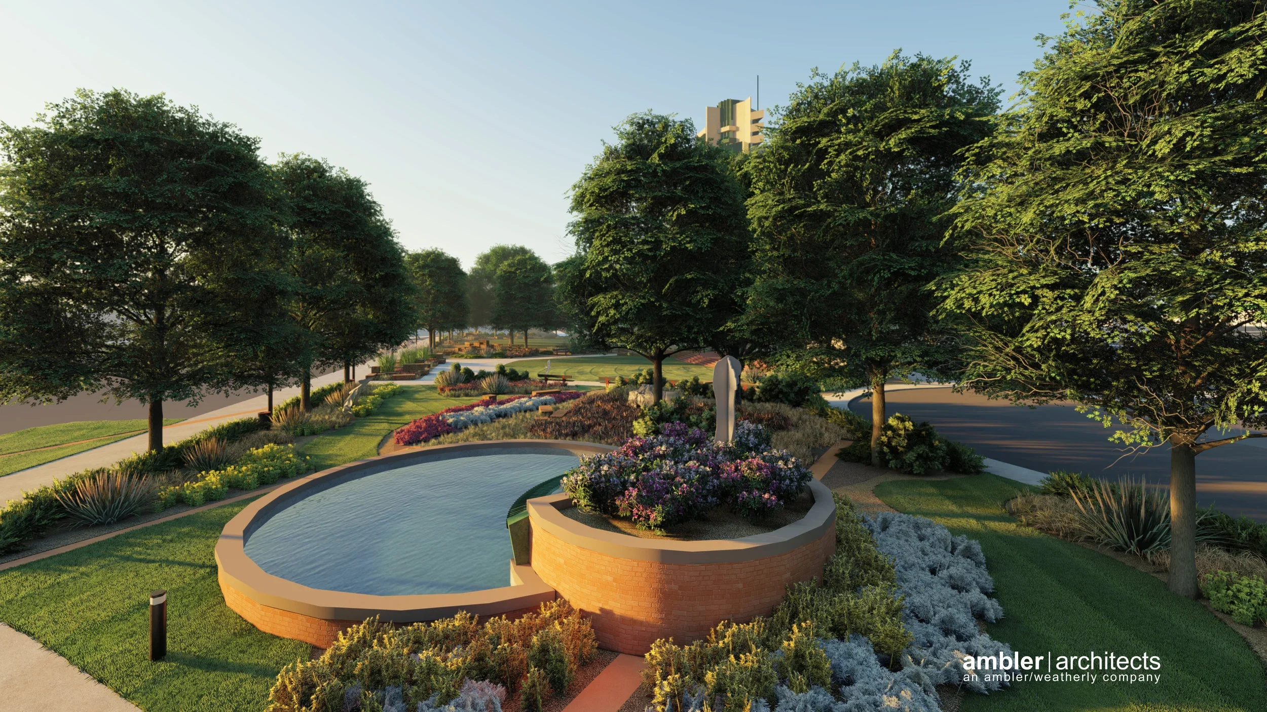 Rendering of a landscaped park with trees, flower beds, a small circular water feature, and pathways, by Ambler Architects.