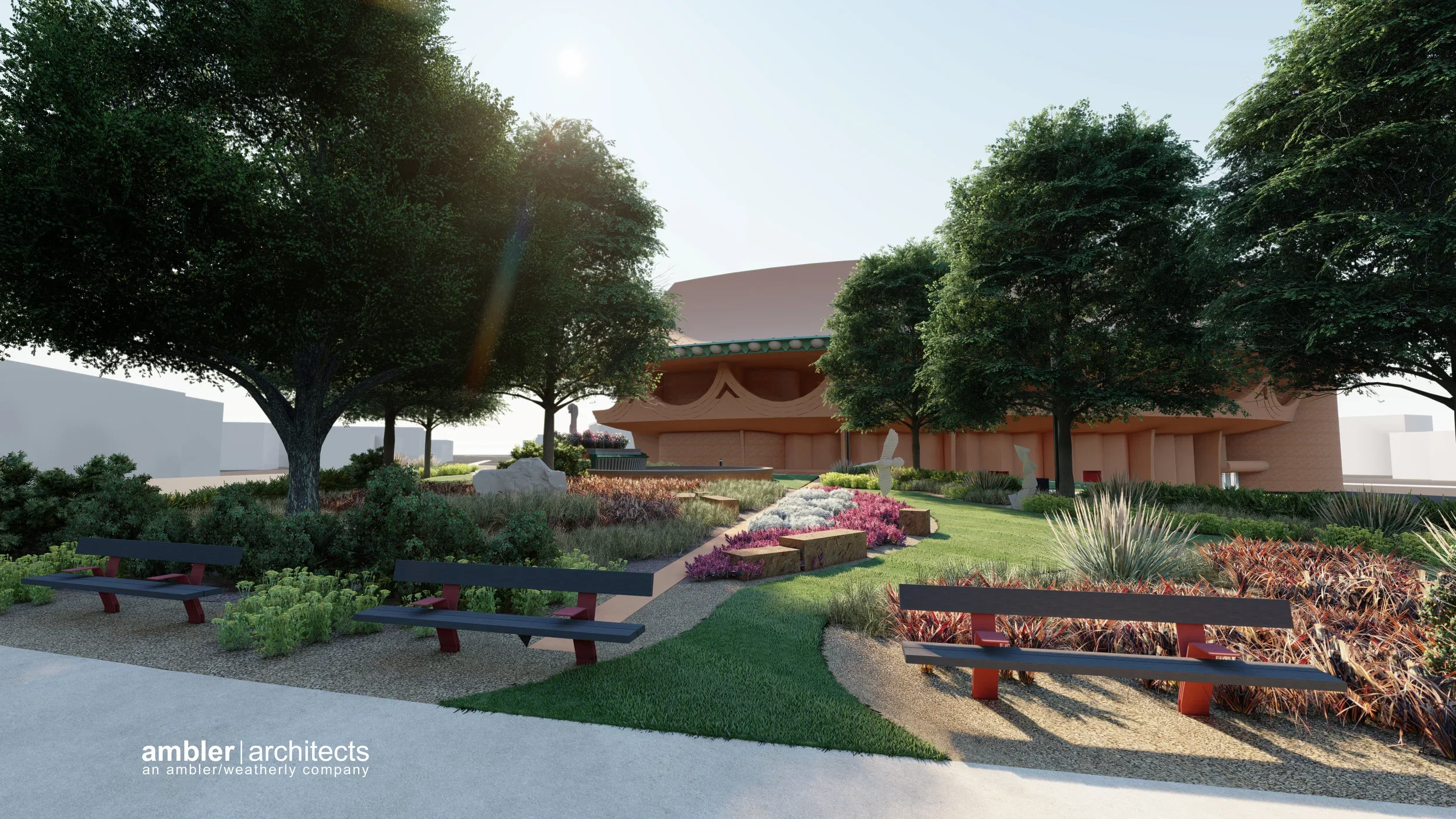Architectural rendering of a landscaped park with trees, benches, flowering plants, and a large building in the background, with the logo of ambler architects at the bottom left.