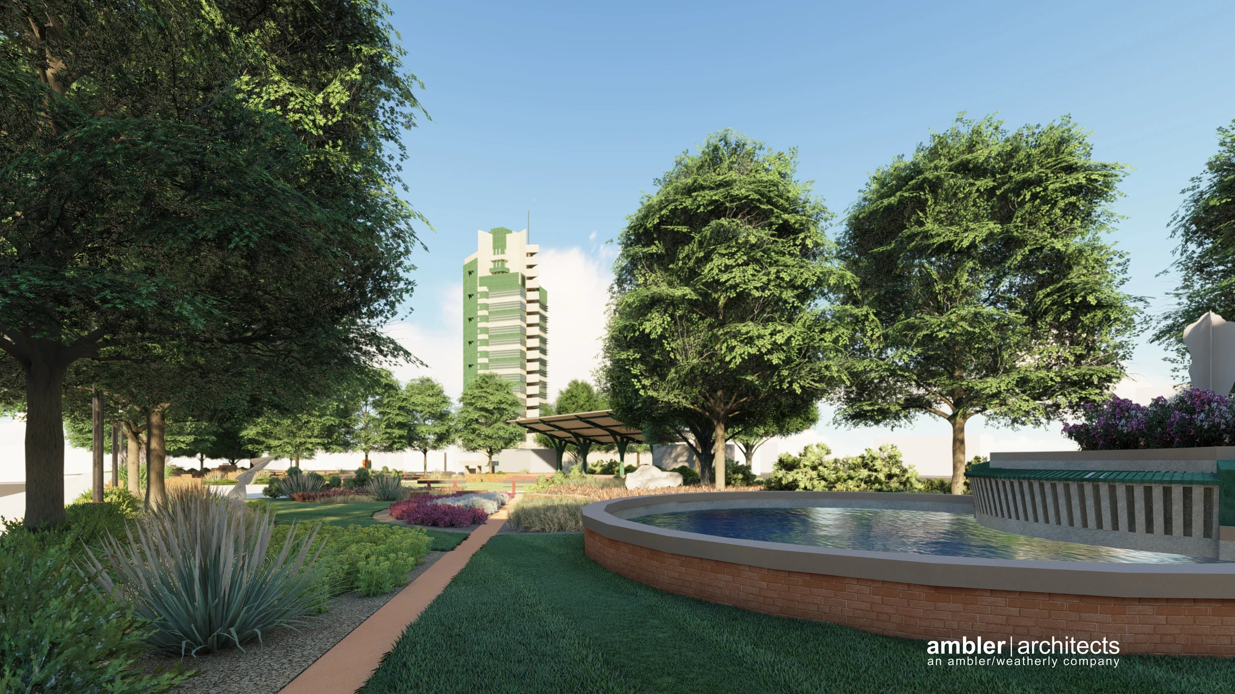 A landscaped urban park with a fountain, various trees, shrubs, and walking paths, with a modern high-rise building in the background.