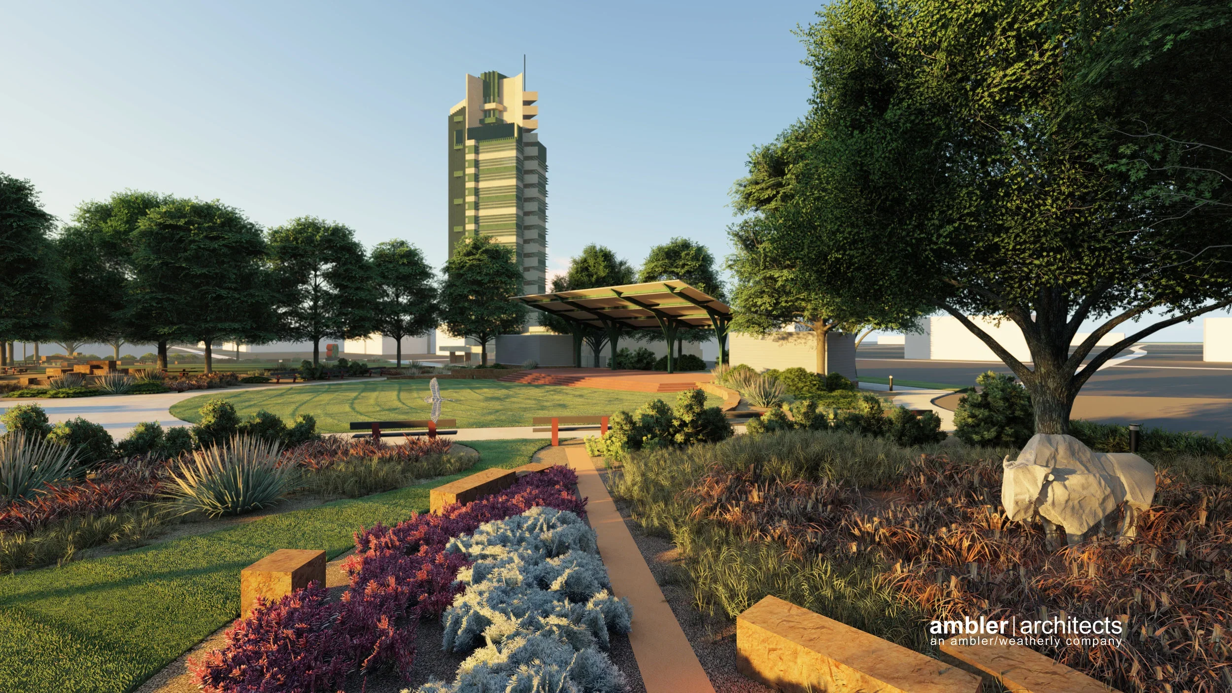 Rendered image of a landscaped urban park with pathways, trees, flowering plants, a large rock, a seating area, and a modern high-rise building in the background.