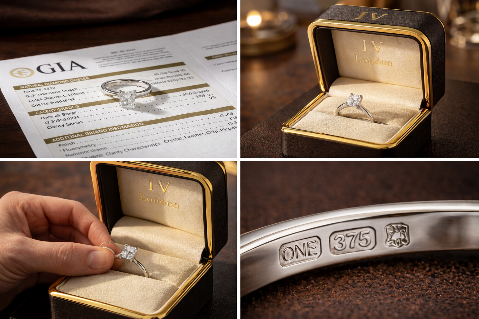 GIA certified diamond verification for 1V1 LONDON bespoke engine ring. Luxury Ring box and bespoke diamond engagement ring. Official UK Hallmark.