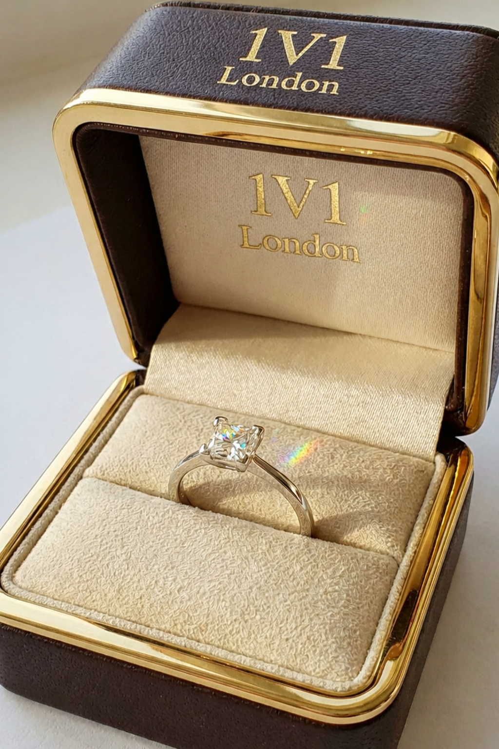 GIA certification white gold diamond ring ethically sourced non conflict. Gold presentation box trim, beautifully designed for 1V1 LONDON bespoke jewels.