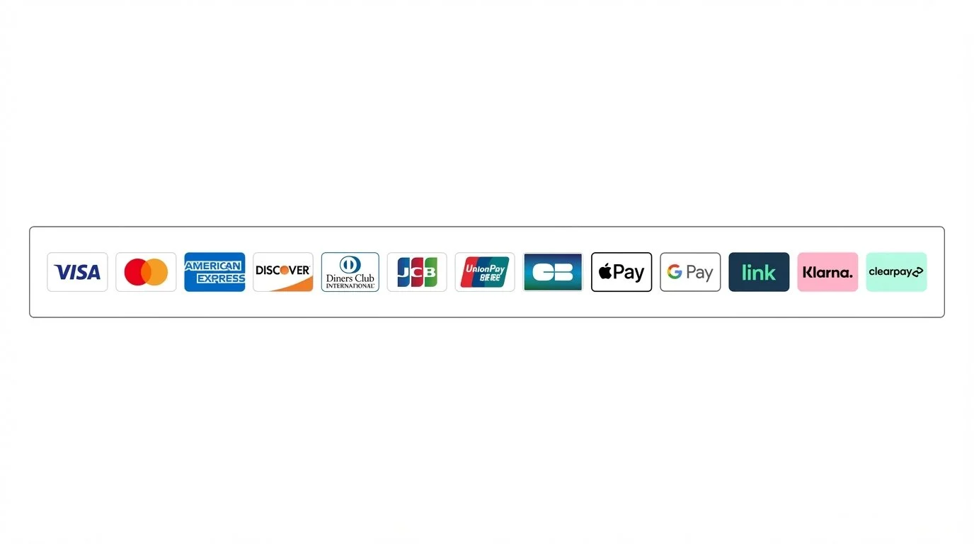 A row of various payment method logos including Visa, Mastercard, American Express, Discover, Diners Club, JCB, UnionPay, Apple Pay, Google Pay, Link, Klarna, and Clearpay.