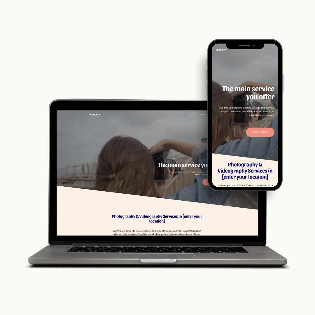 A laptop and smartphone displaying a website for a photography and videography service, featuring images of a woman taking photos outdoors and text about the main service offered.
