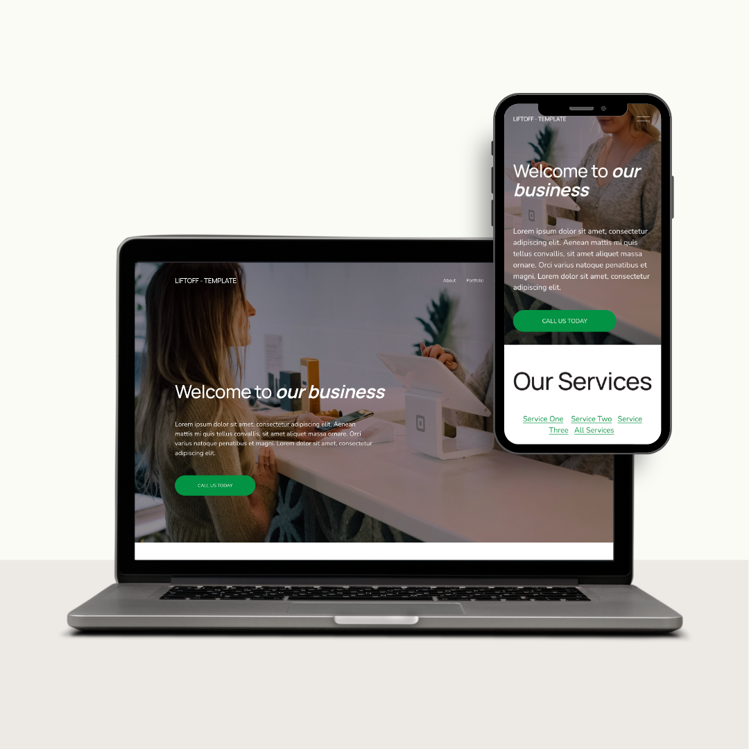 Laptop and smartphone displaying the "Lift-Off" Squarespace template