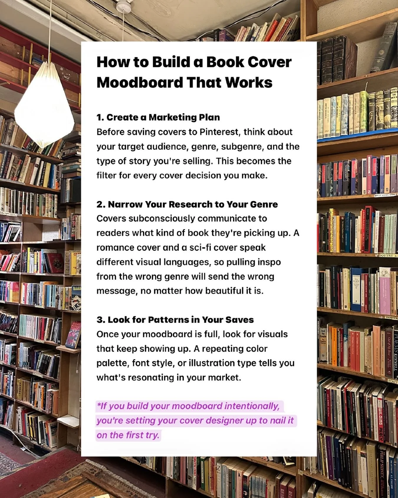 Your cover can only be as strong as the research behind it&hellip; 👀

If your moodboard is full of covers from random genres you thought just looked pretty, it&rsquo;s going to work against you when you sit down to design. But if you take the time t