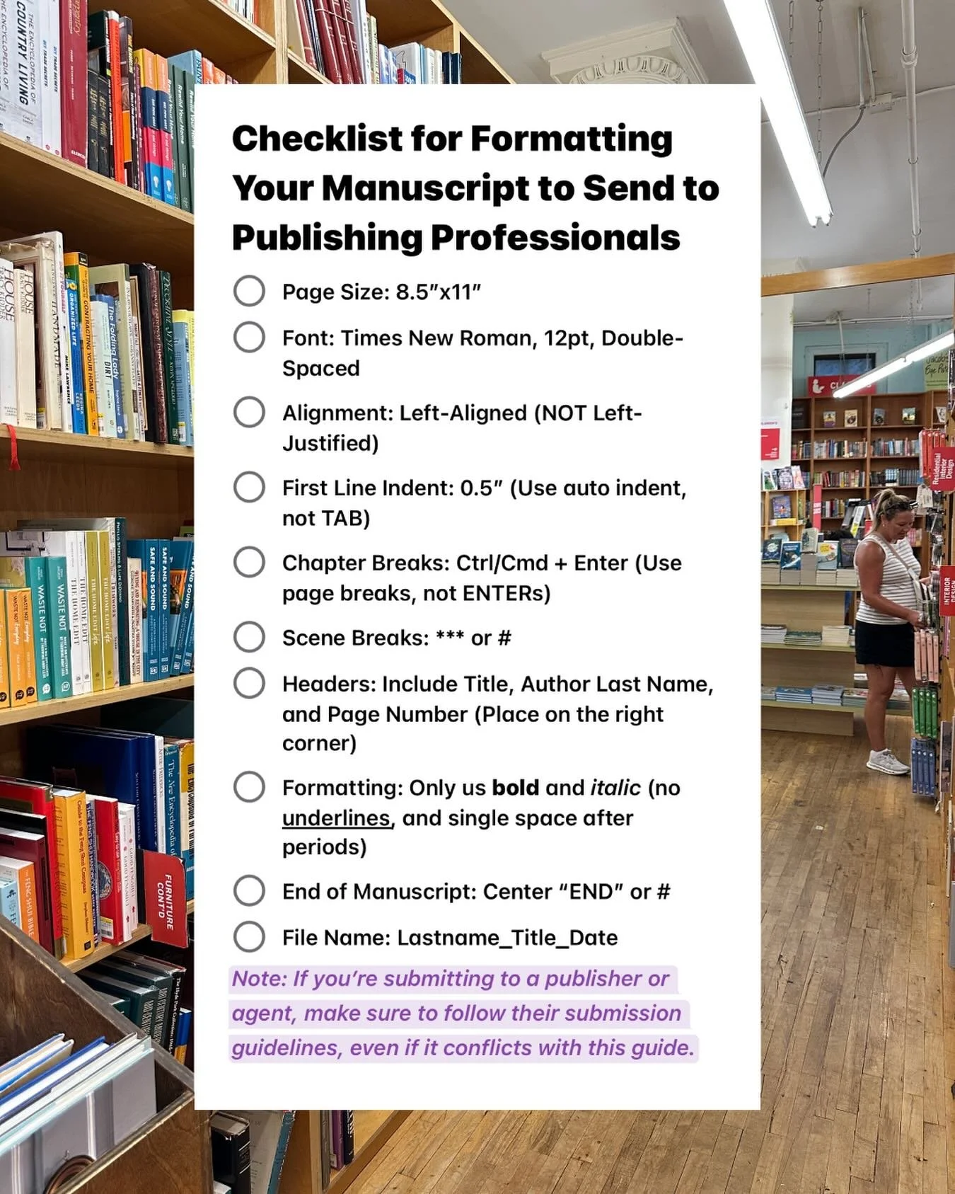 🔖 SAVE THIS POST FOR THE END OF YOUR DRAFTING PHASE 🔖

I know writers use all kinds of writing software to draft books, so I wanted to create a checklist that was super easy to reference when putting together your final Word document to send off fo