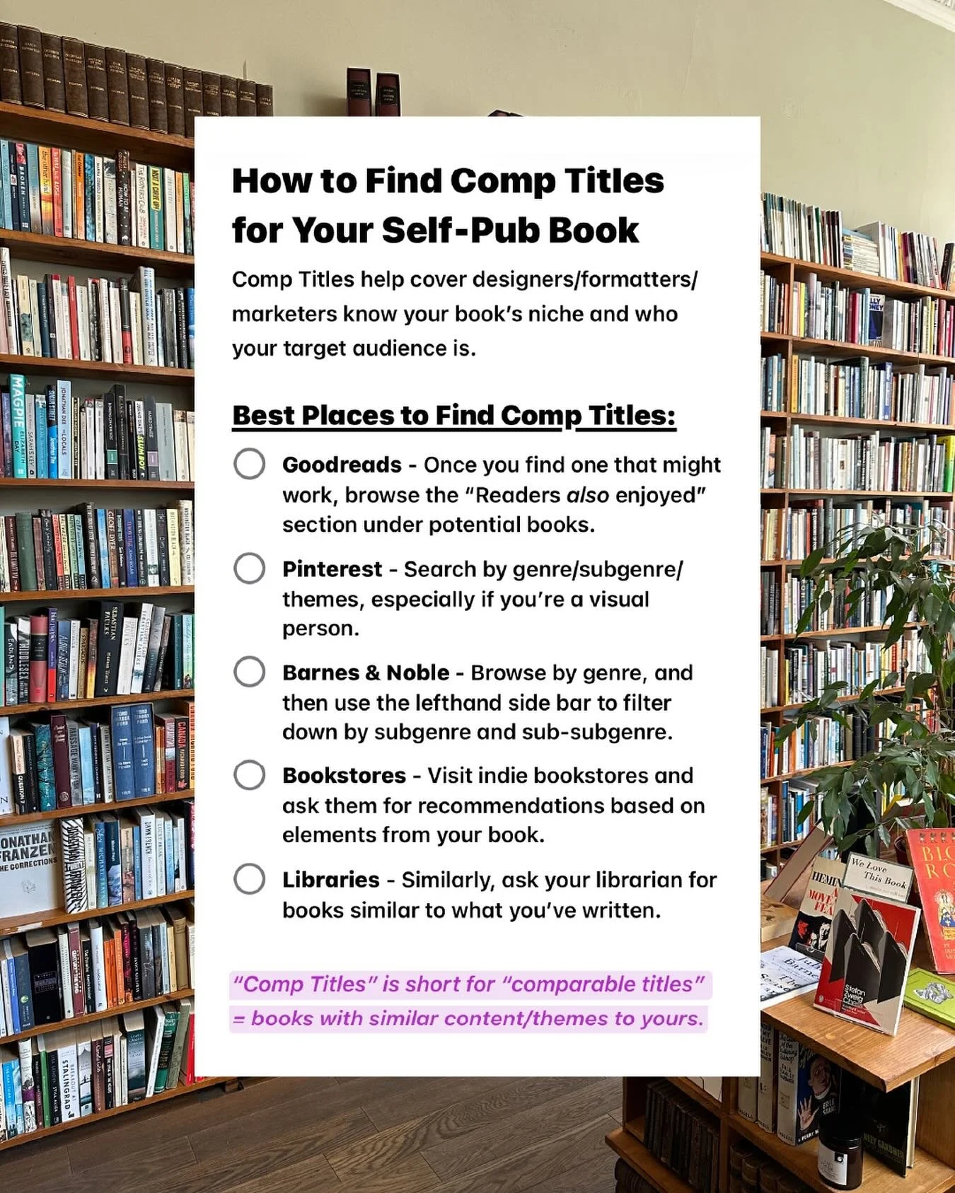 🔖 SAVE THIS POST FOR WHEN YOU FINISH YOUR MANUSCRIPT 🔖

Have you ever had someone ask you what your book is similar to and your mind just goes *blank*?

Those similar titles are called &ldquo;comp titles&rdquo;, and they help your publishing profes