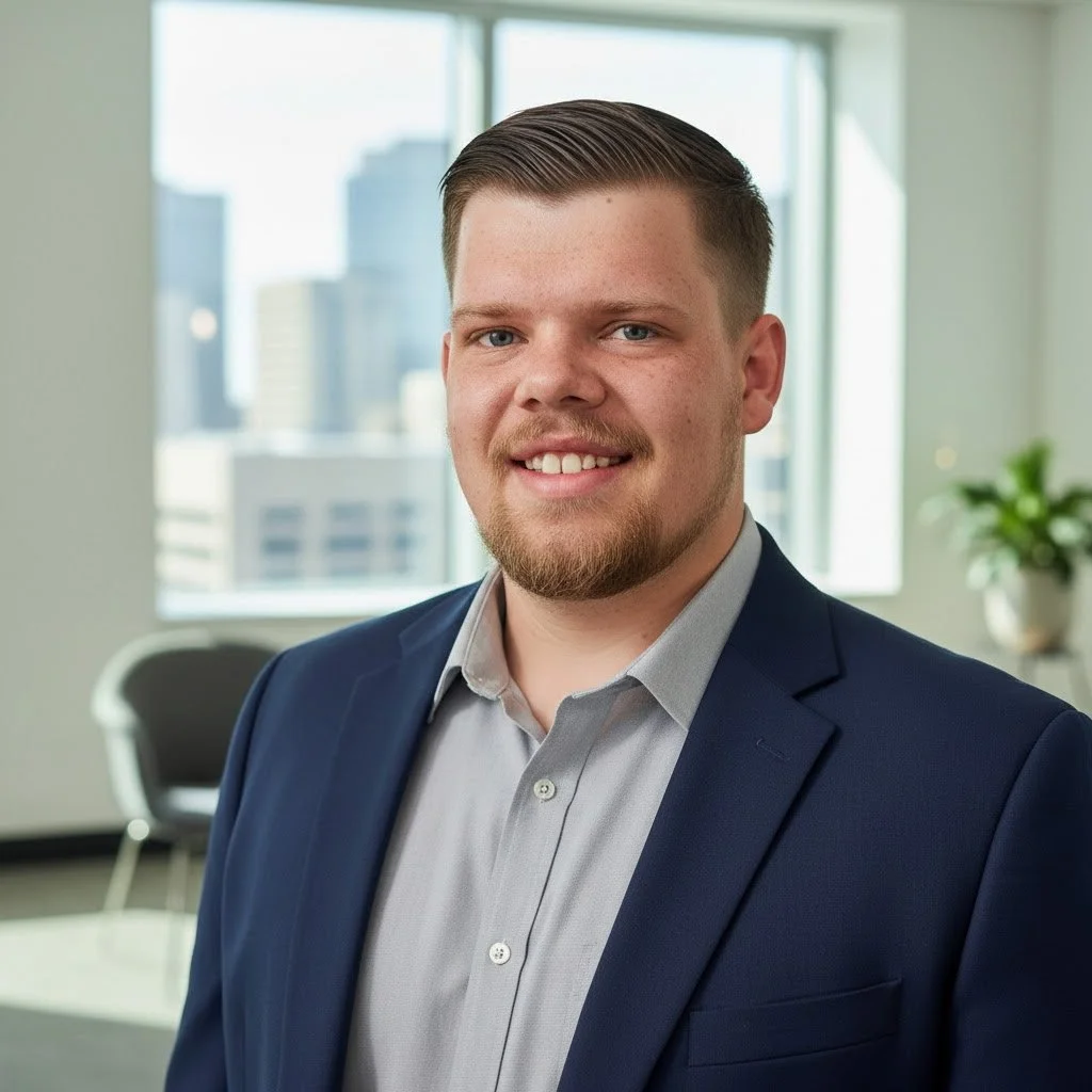 A young man in a business suit smiling in an office with large windows and city buildings in the background.