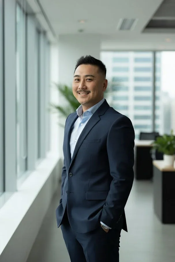 A professional man in a navy blue suit standing in a modern office with large windows and city view, smiling with hands in pockets.