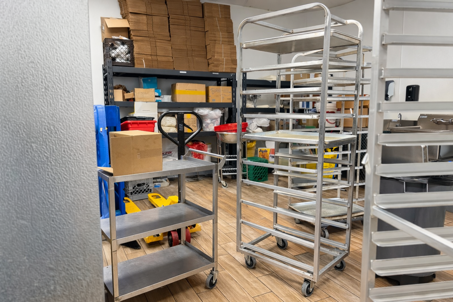 A storage room with metal shelves, carts, and baking racks filled with boxes, trays, and supplies.