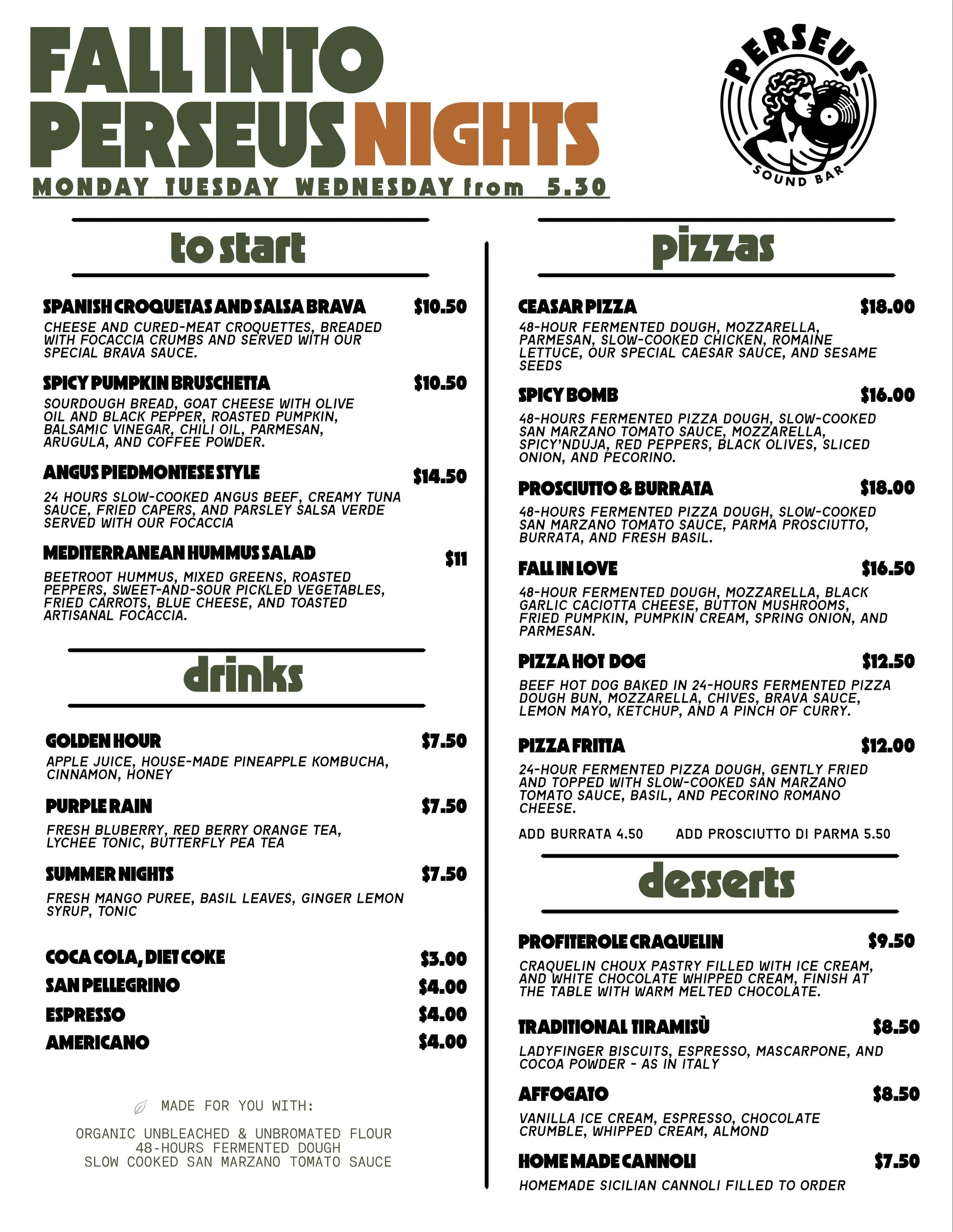 A seasonal menu so good we had to leak it 👀

Our evening soft openings have taken on a new form. Now spinning starters, plus new pizzas, new desserts and your same favorite mocktails 🍂 Mon-Wed nights from 5:30-9:30