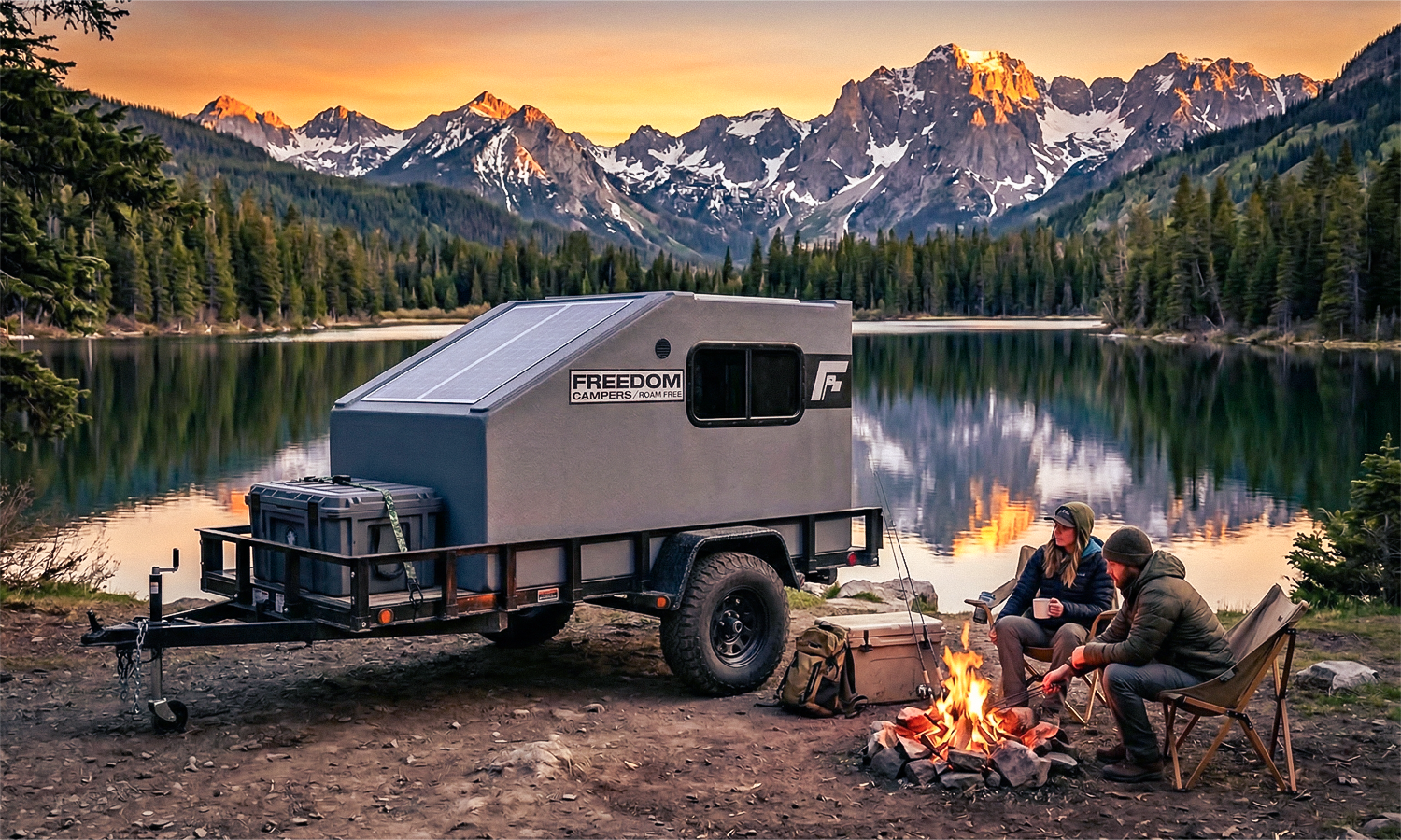 Two people sitting by a campfire on a lakeshore at sunset, with a trailer, surrounded by mountains and pine trees.