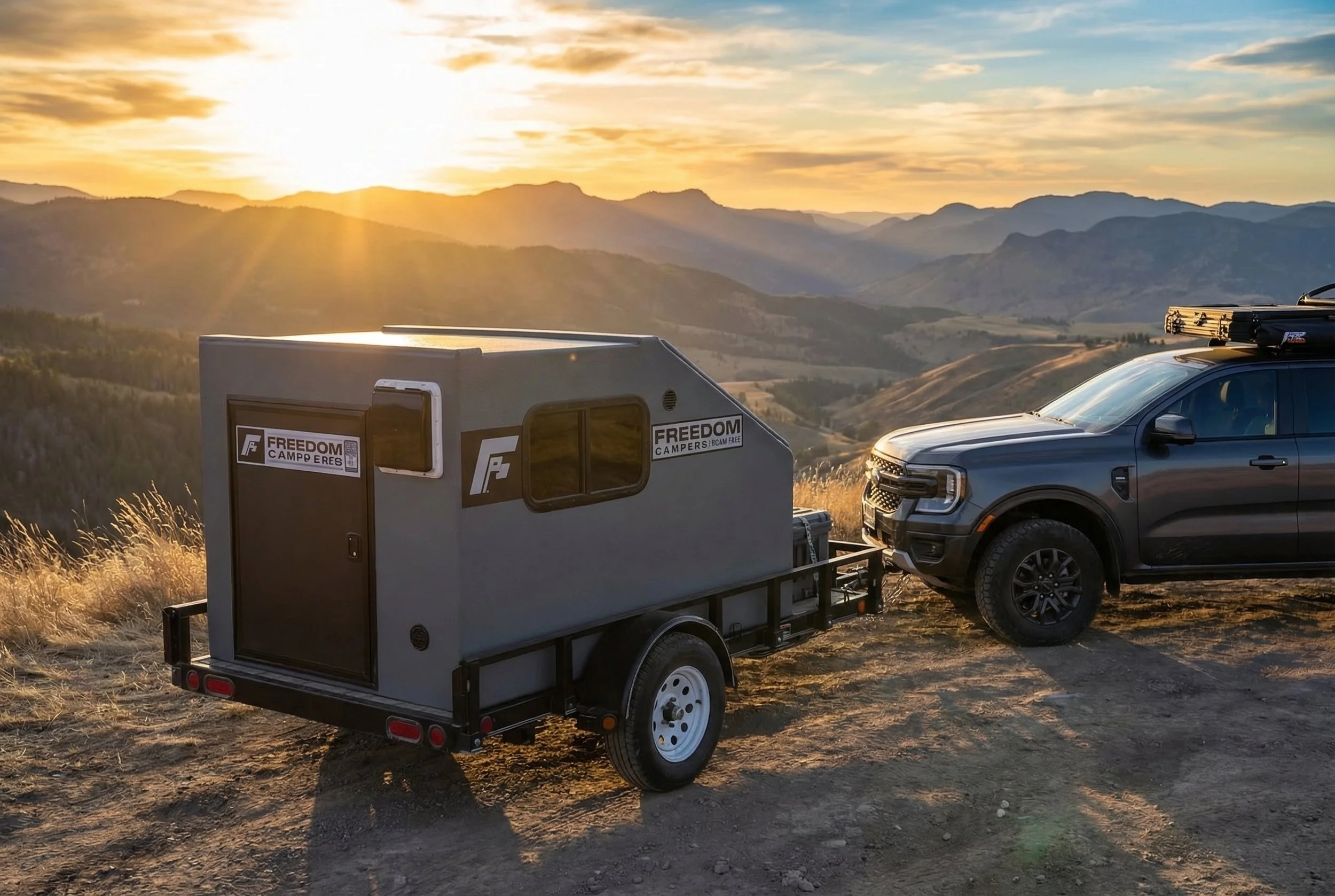 A black pickup truck parked on a dirt hill at sunset, attached to a small gray camper trailer with mountain ranges in the background.