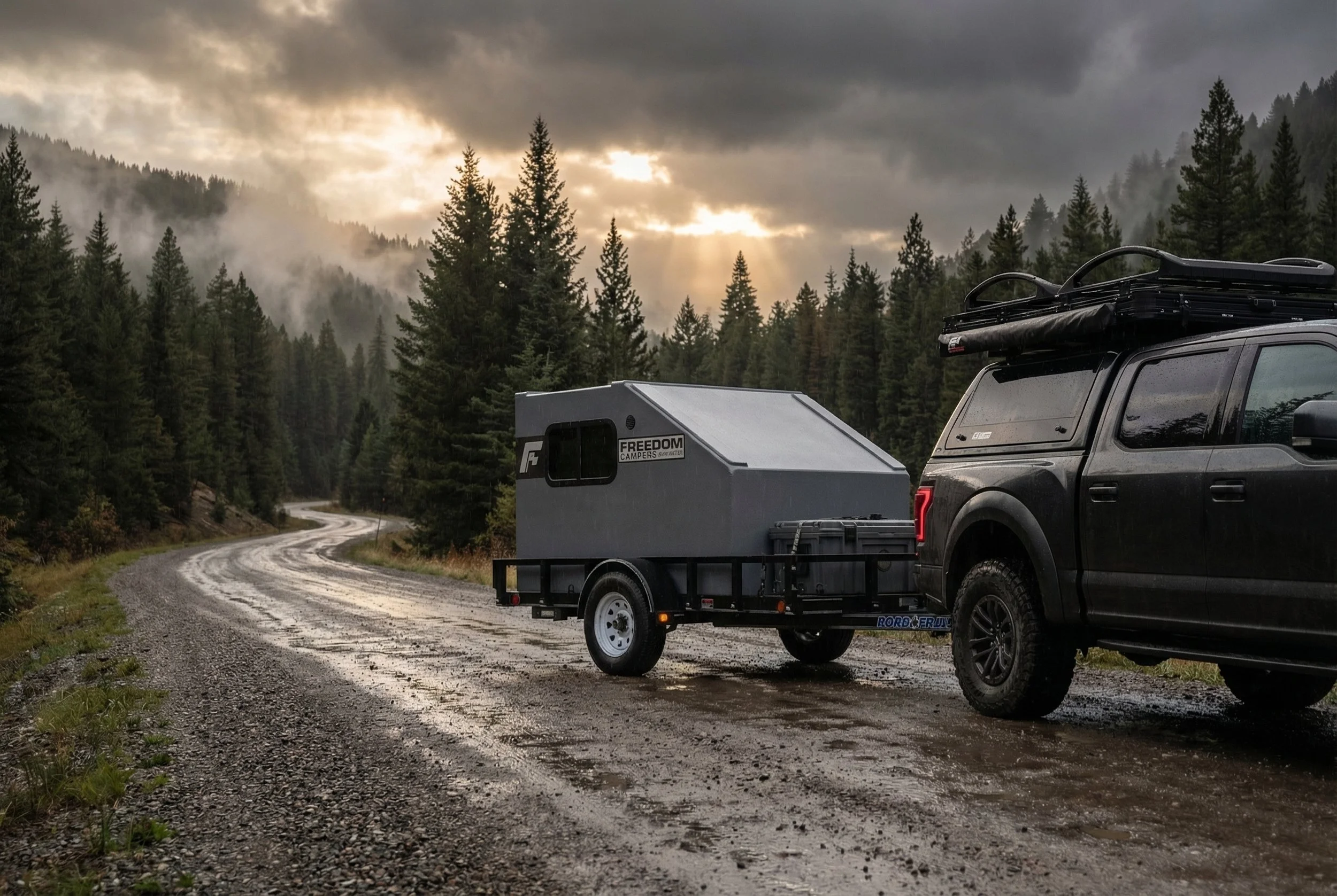 A black SUV towing a gray camper trailer on a wet, dirt road in a forested mountain area with overcast sky and mist in the background.
