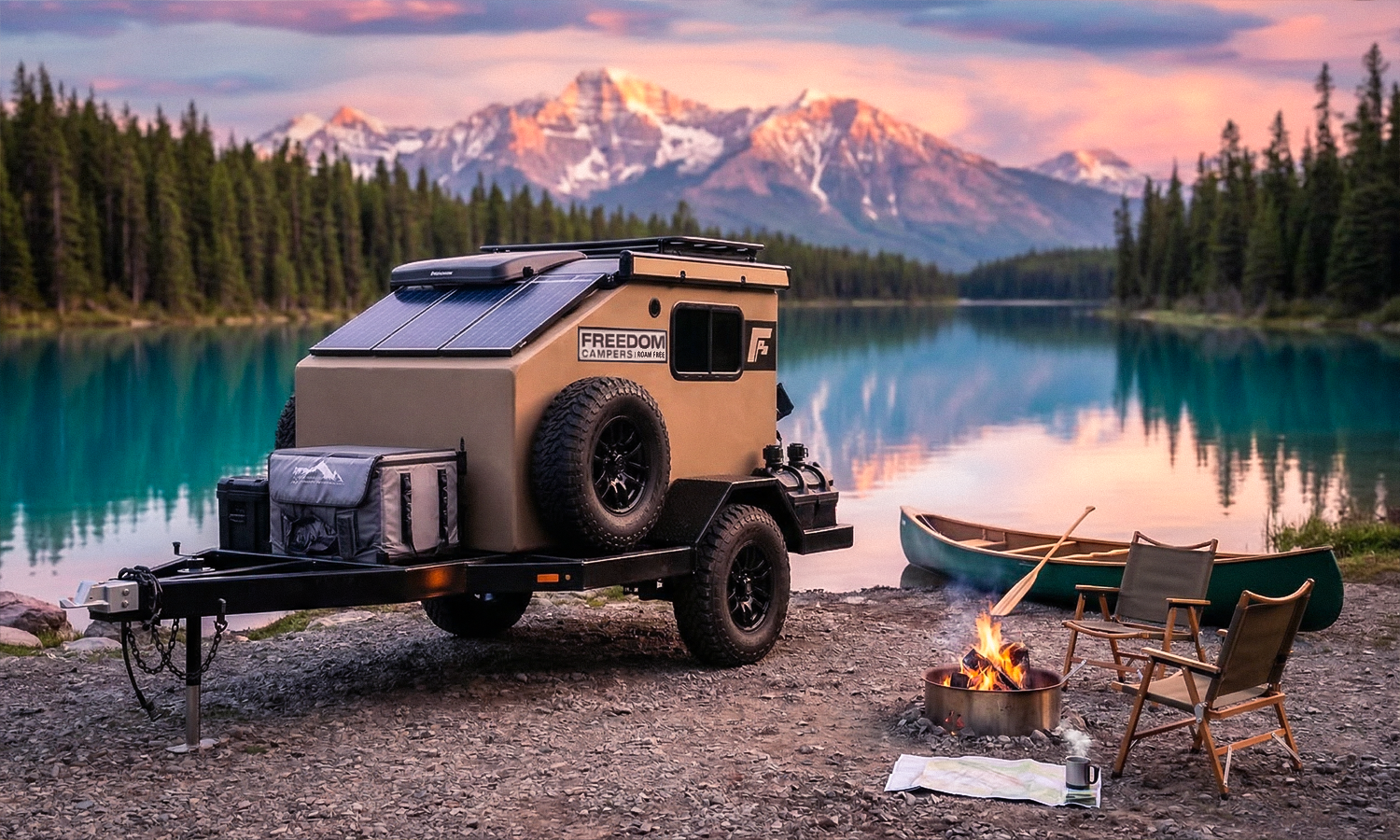 A camper trailer with solar panels parked by a lake at sunset, with a canoe, camping chairs, a campfire, and a map in the foreground, surrounded by tall pine trees and mountain peaks in the distance.