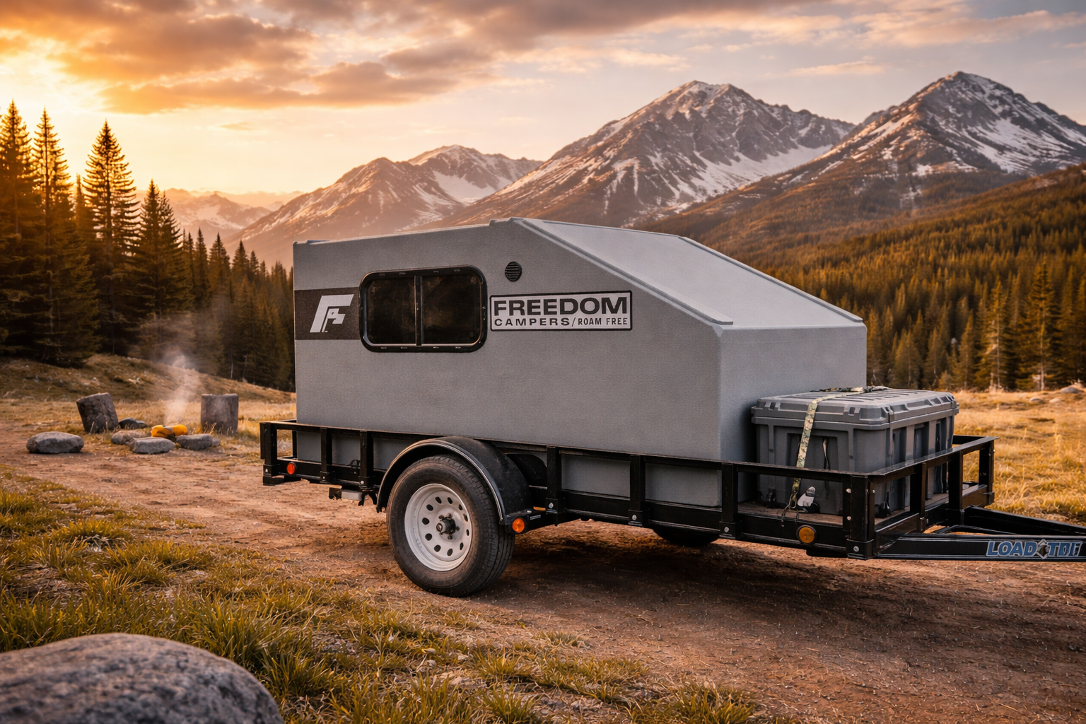 A small camper trailer labeled 'Freedom Campers / Roam Free' parked on a dirt trail in a mountainous landscape at sunset, with snow-capped peaks, pine trees, and a campfire area with rocks in the background.