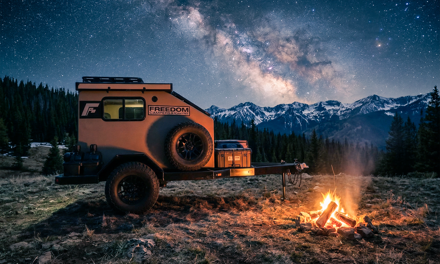 A camper trailer parked outdoors at night near a campfire with mountains and a starry sky in the background.