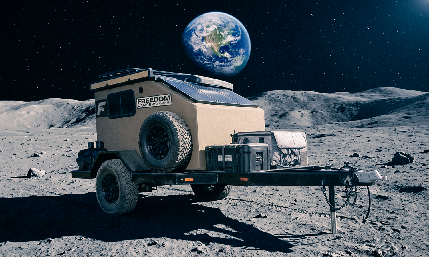 A compact camper trailer on the moon's surface with Earth visible in the background.