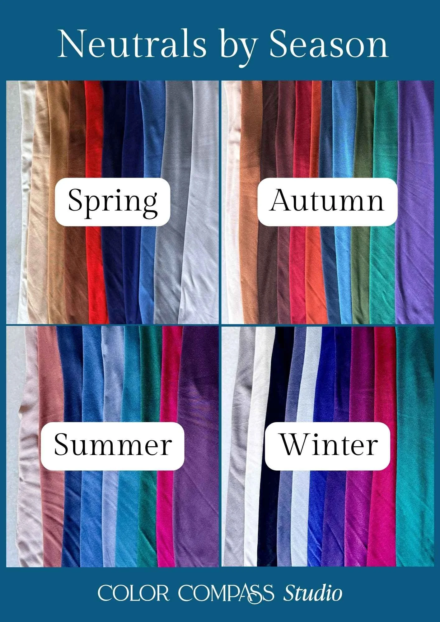 Fabric swatches showing neutrals by season for the spring color palette, summer color palette, autumn color palette, and winter color palette at Color Compass Studio in Kansas City