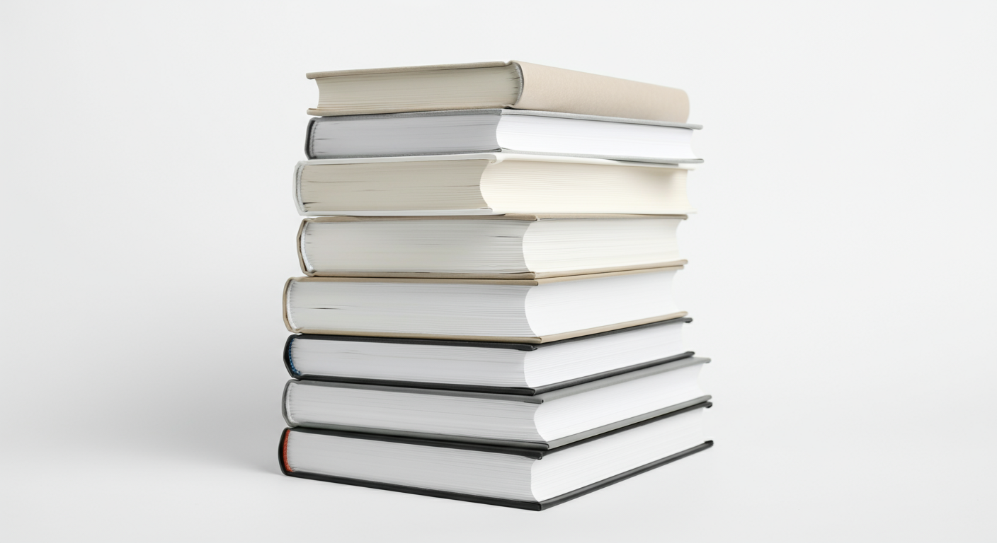 A tall stack of various hardcover and paperback books on a white surface with a plain white background.