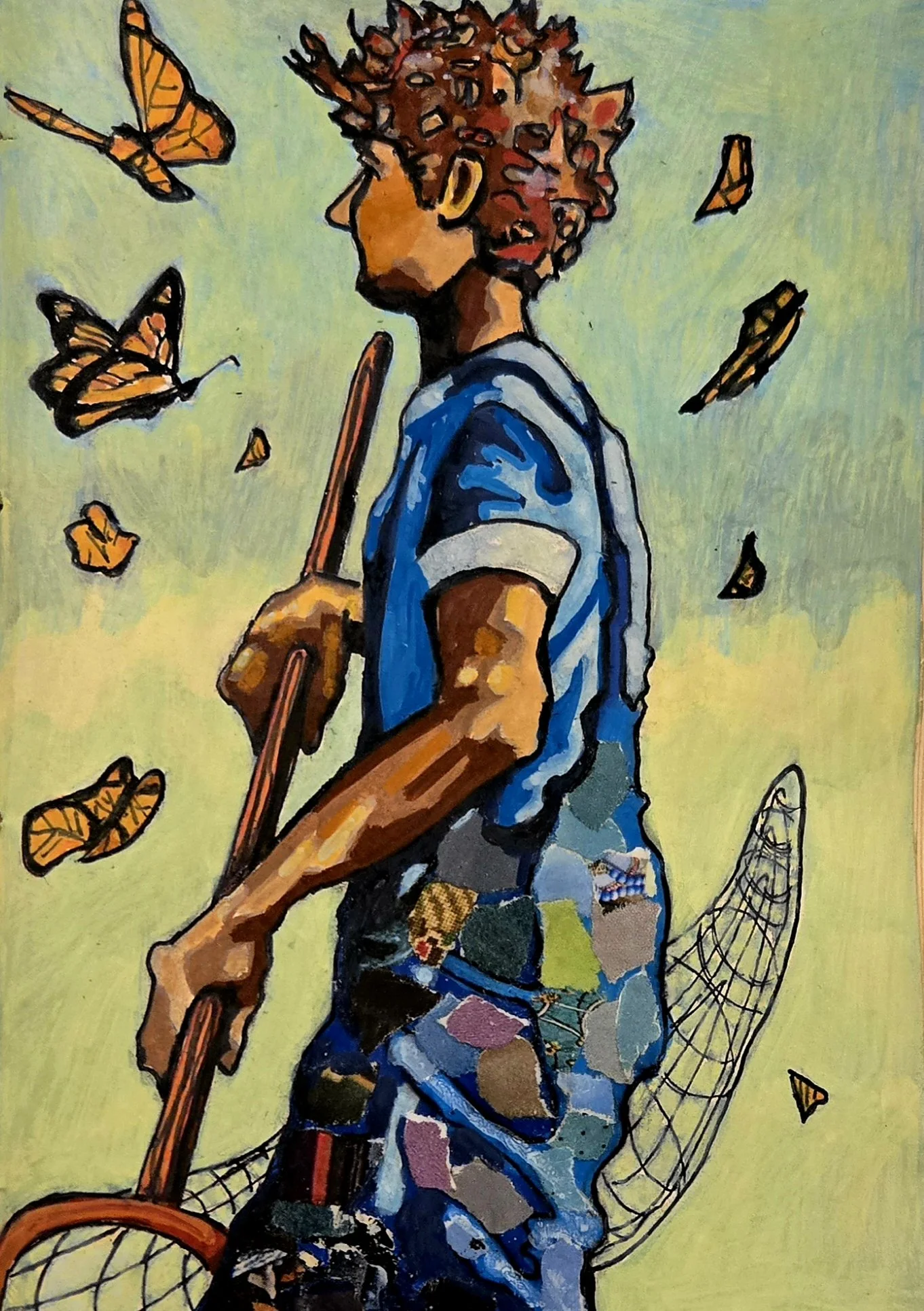 Painted illustration of a young boy with curly hair, wearing a blue shirt and patchwork pants, holding a stick, with orange monarch butterflies flying around, set against a green background.