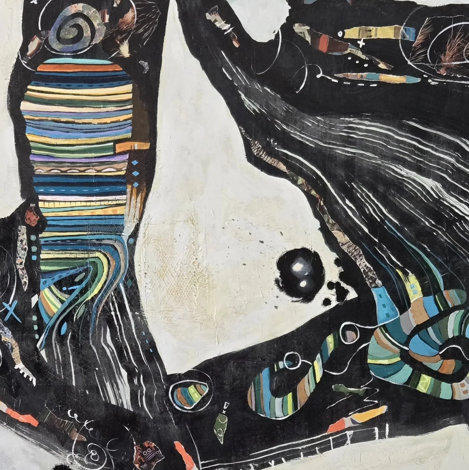 Abstract art featuring bold black and white shapes with colorful striped and patterned details.