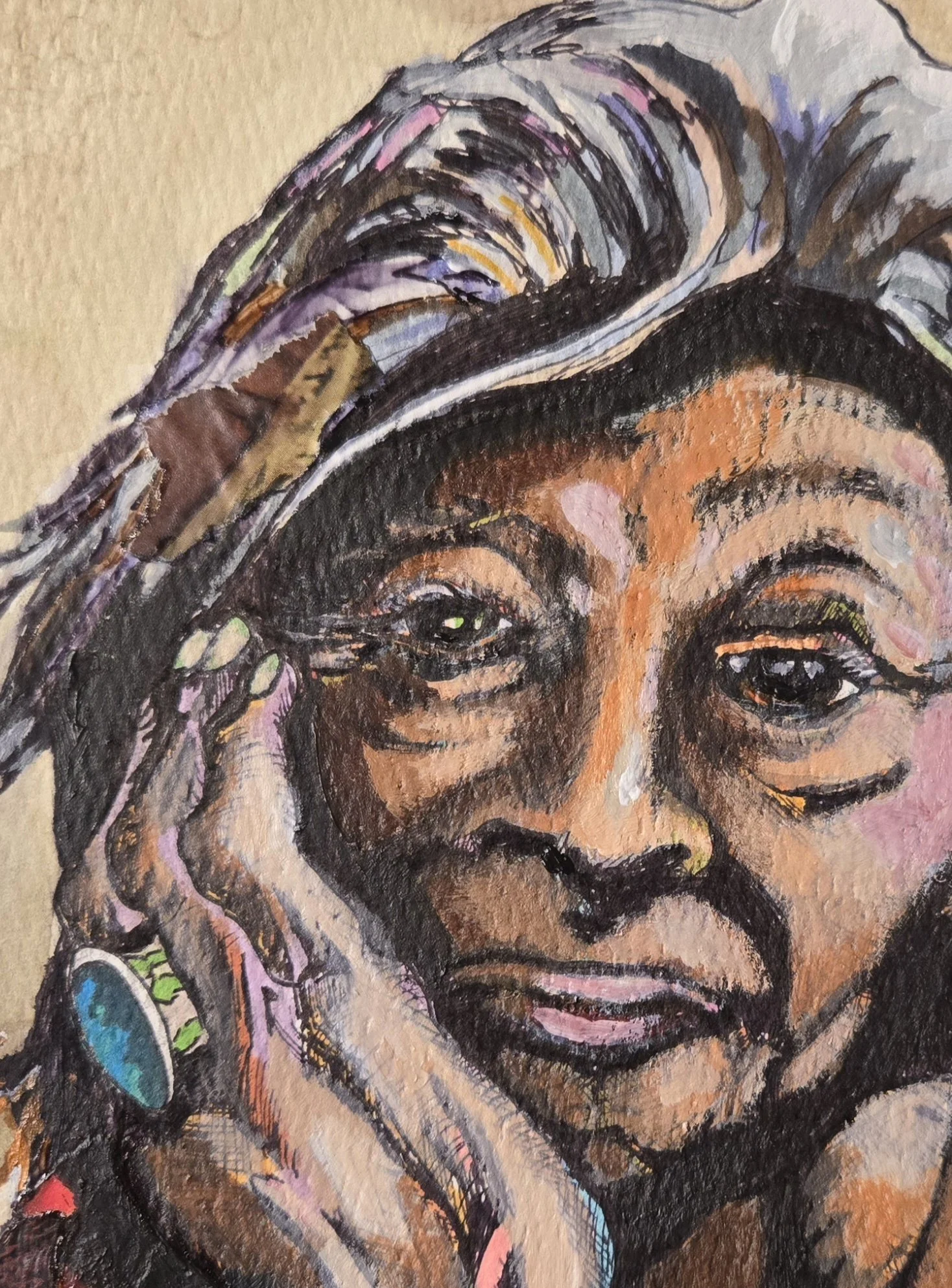 Close-up of an expressive painting of an older woman with dark skin, wearing a hat, holding her face with one hand, and wearing rings on her fingers.