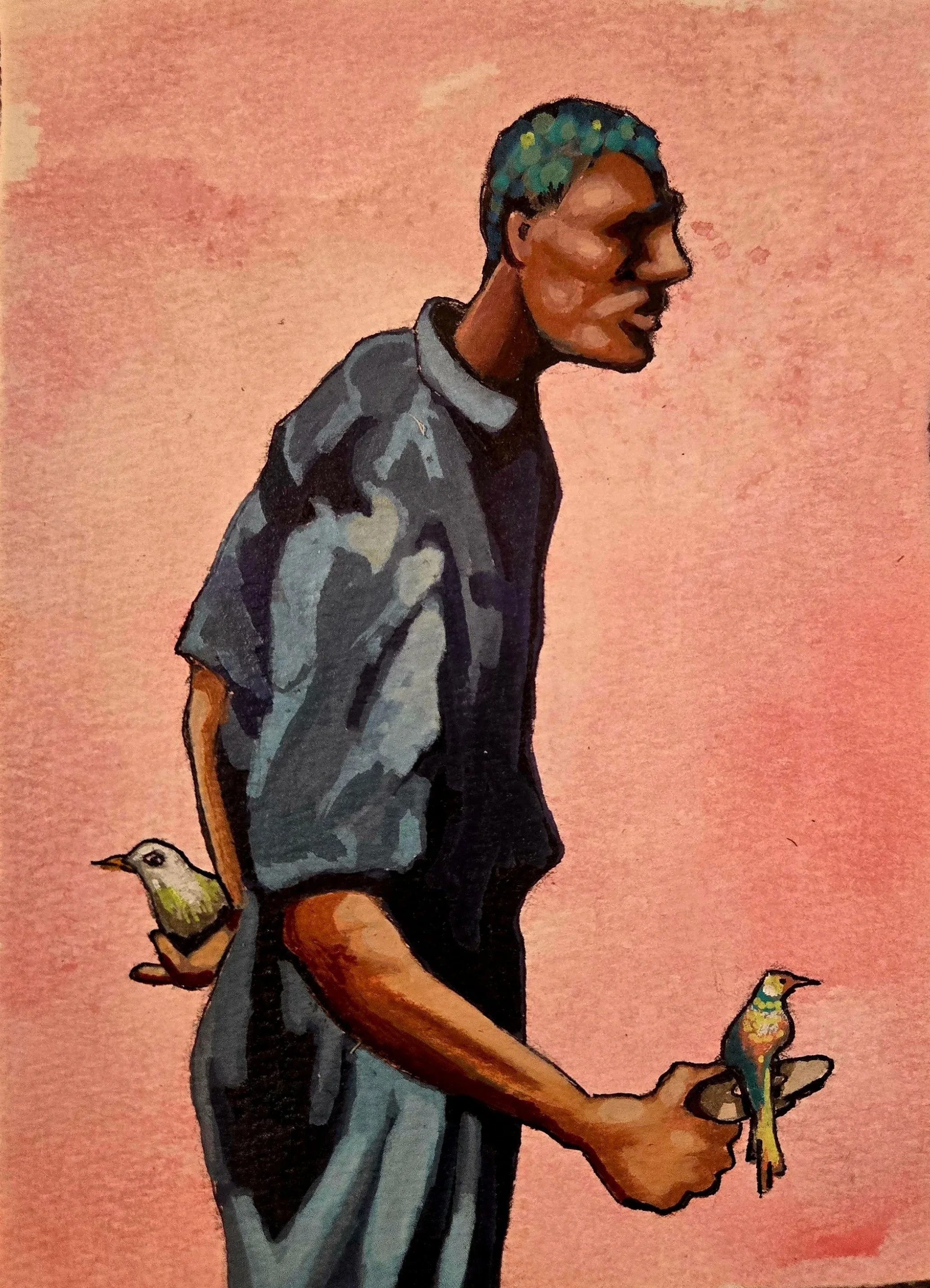 A person in profile holding a phone, with two birds perched on their arm and back, against a pink background.