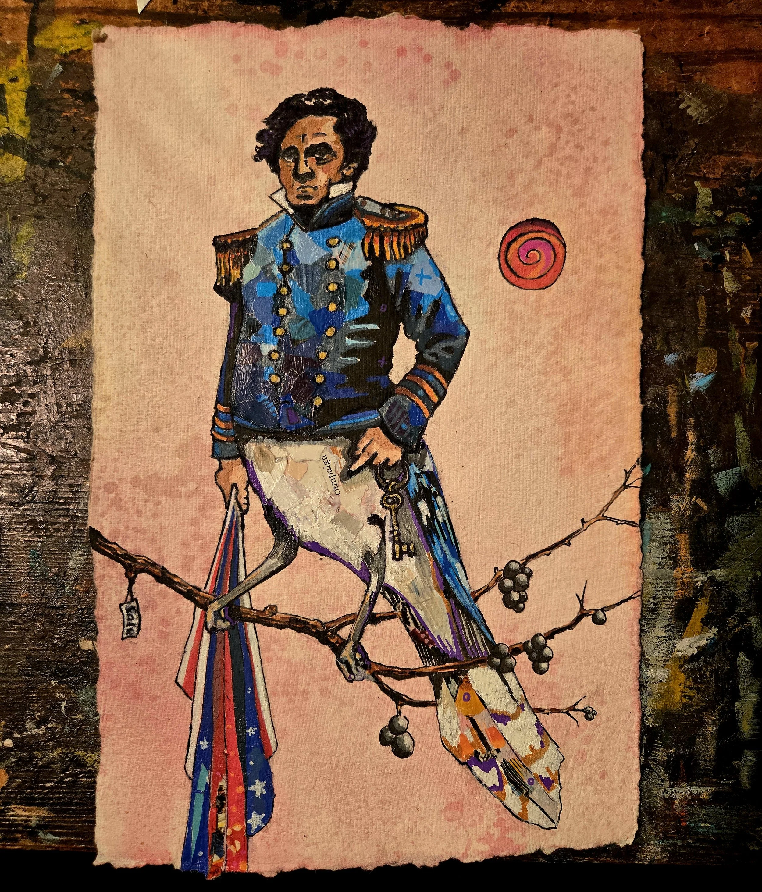 A colorful painting of a person dressed in a military uniform with gold epaulets, sitting on a branch adorned with berries, against a pink background with a red spiral symbol.