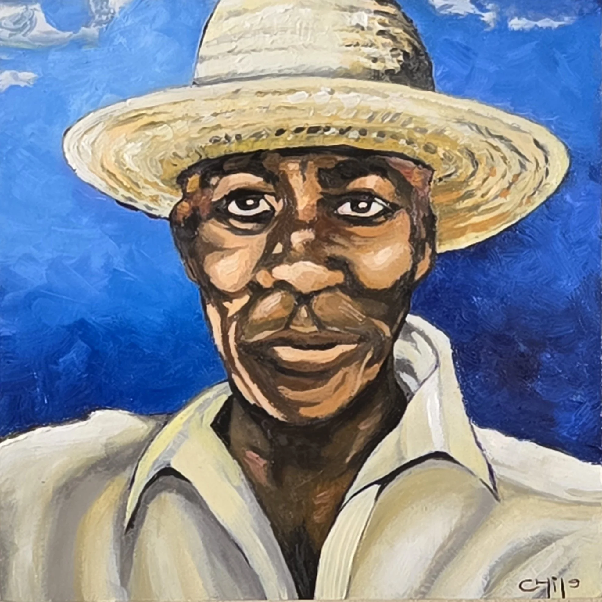 Painting of an elderly woman with dark skin wearing a wide-brimmed straw hat and a cream-colored shirt against a bright blue background.
