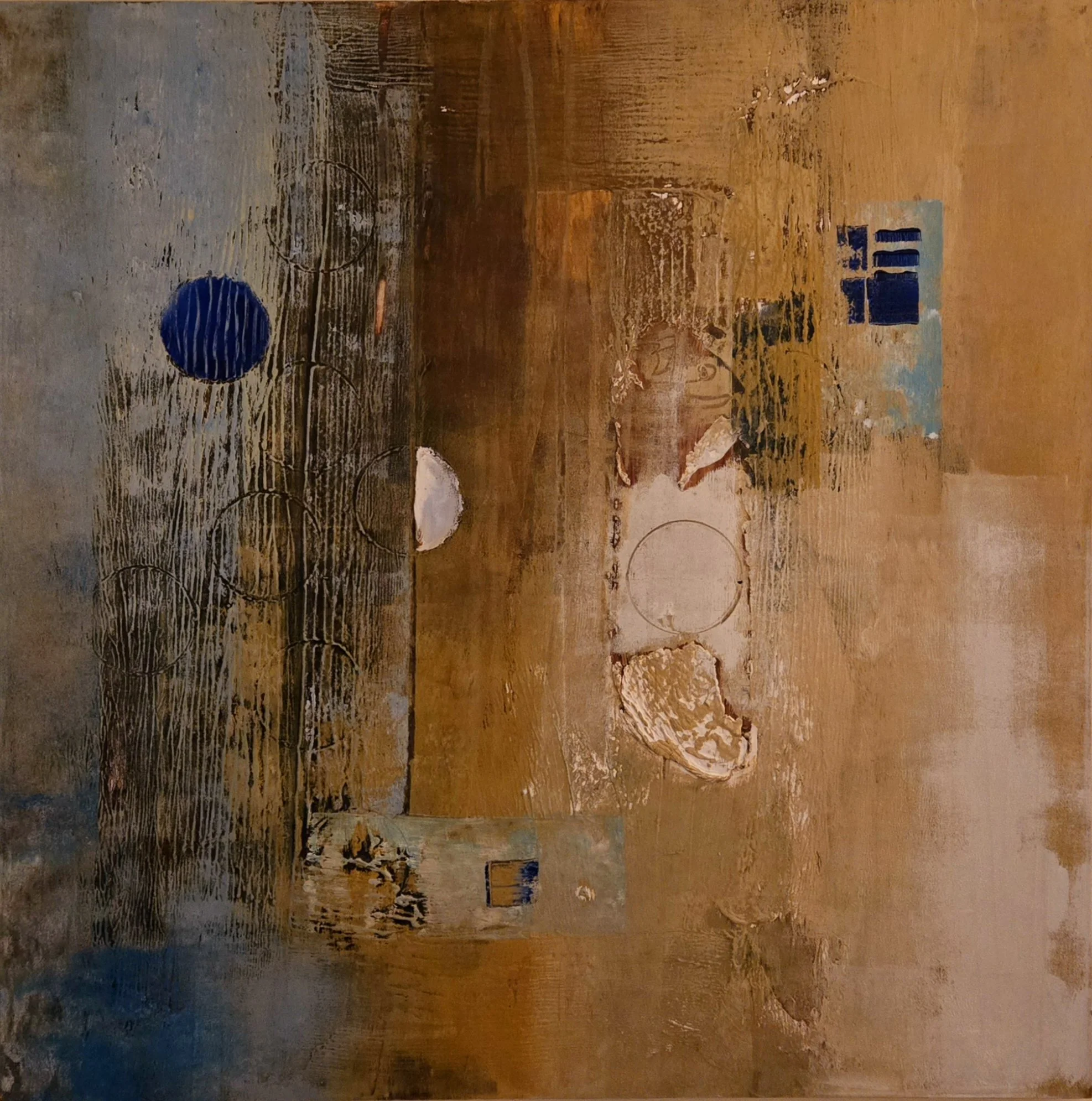 An abstract painting with earthy tones, featuring textured surfaces and geometric shapes, including circles, squares, and lines, with some areas appearing layered and distressed.