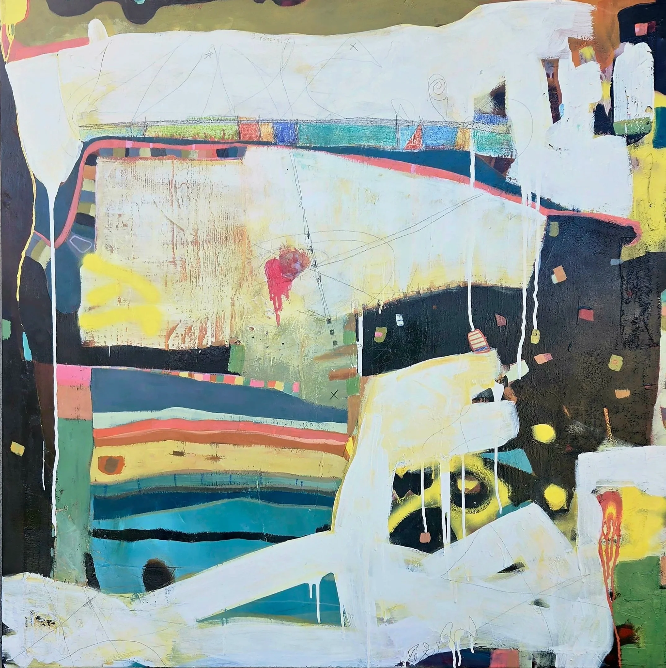 Abstract painting with colorful shapes, lines, and splashes of paint, including white, black, yellow, blue, red, and pink elements.