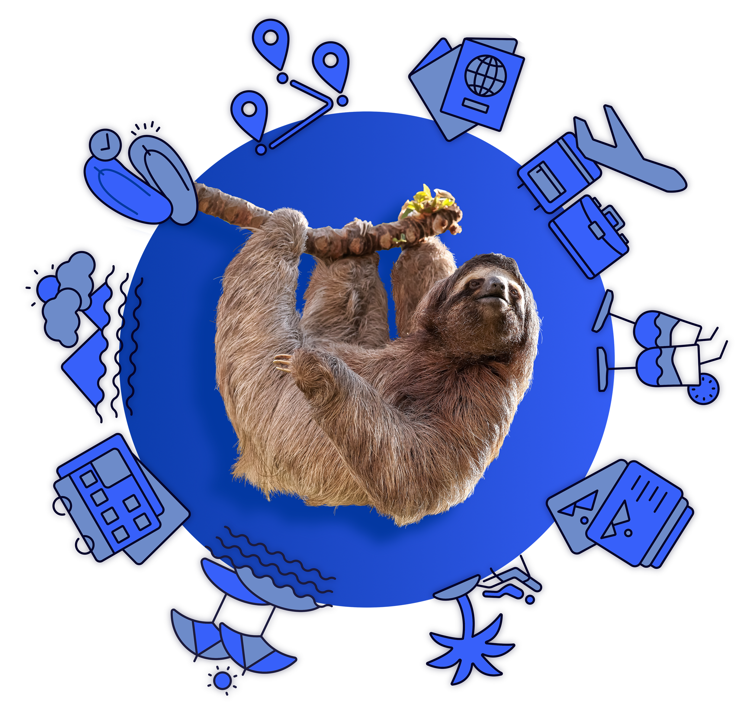 A sloth hanging from a branch, surrounded by icons related to travel, technology, tools, business, and leisure, in a digital illustration style.