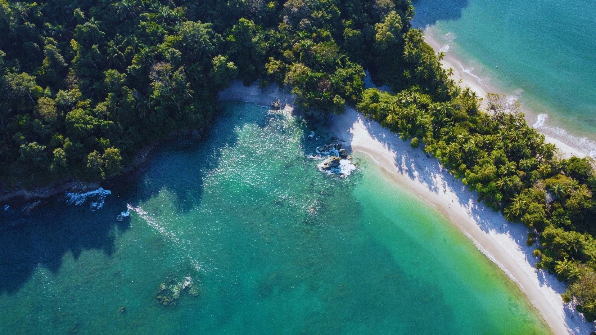 Aerial view of a tropical beach in Costa Rica’s Central Pacific, where lush green jungle meets crystal-clear waters and soft sandy shores.
