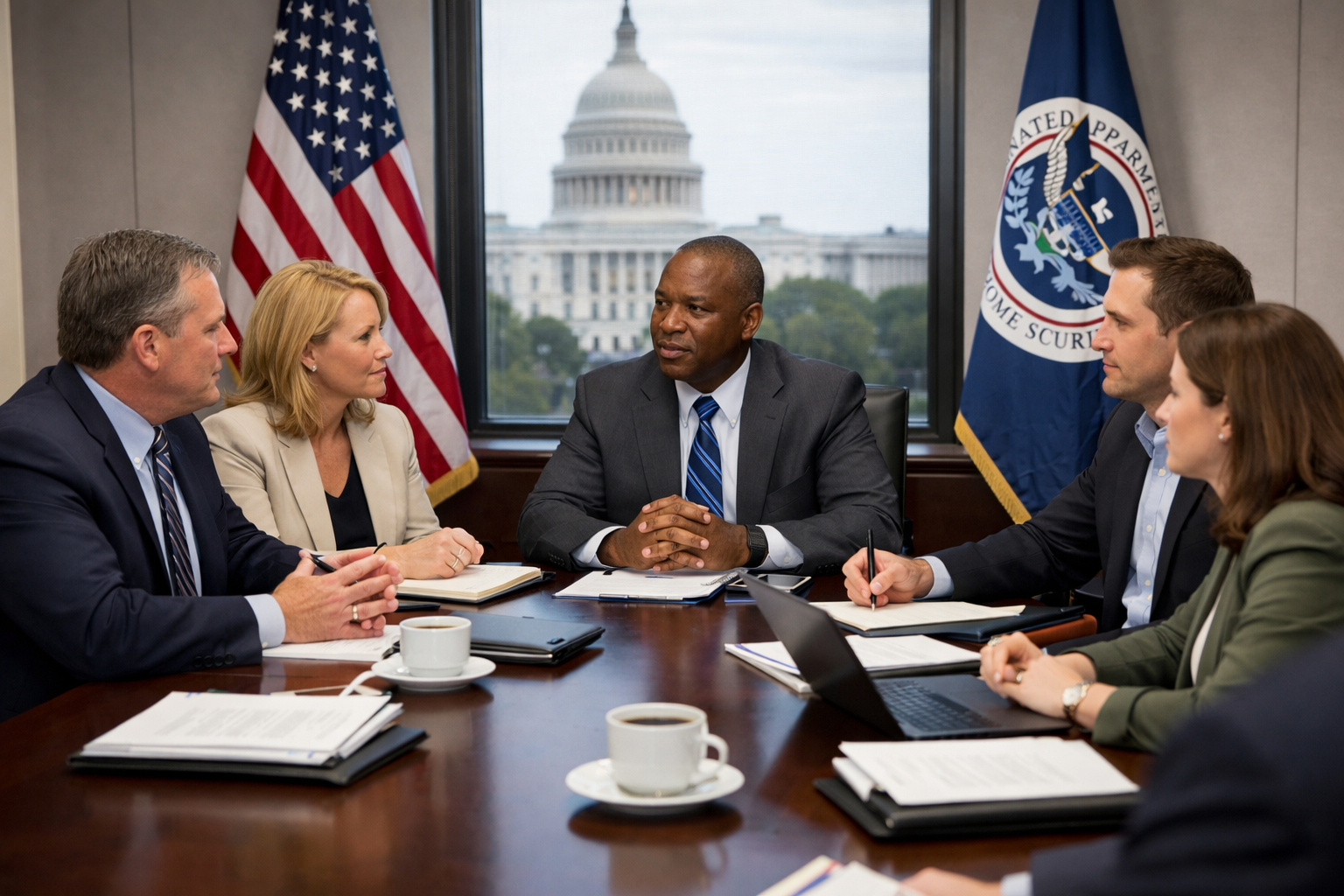 A diverse group of six individuals seated around a conference table having a discussion. There are American flags and a U.S. government seal in the background, with the U.S. Capitol visible through the window.