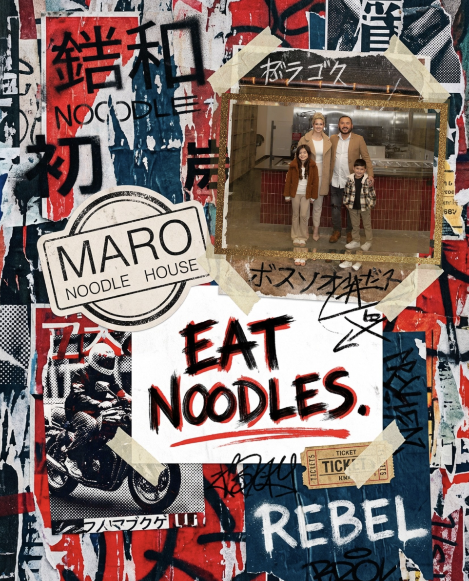 Maro Restaurant. A collage of graffiti-style art with a central photo of a family standing in a restaurant kitchen.