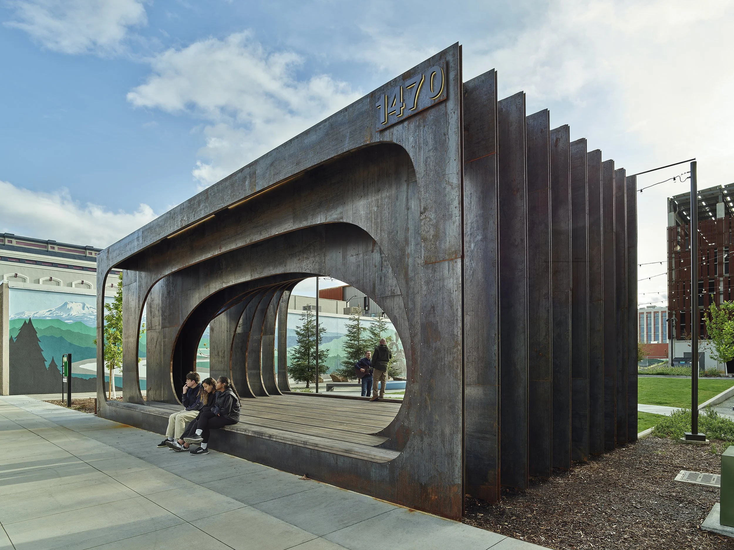 Block 7 Development in Redding, California. Whistle Stop Park custom steel pavilion. 