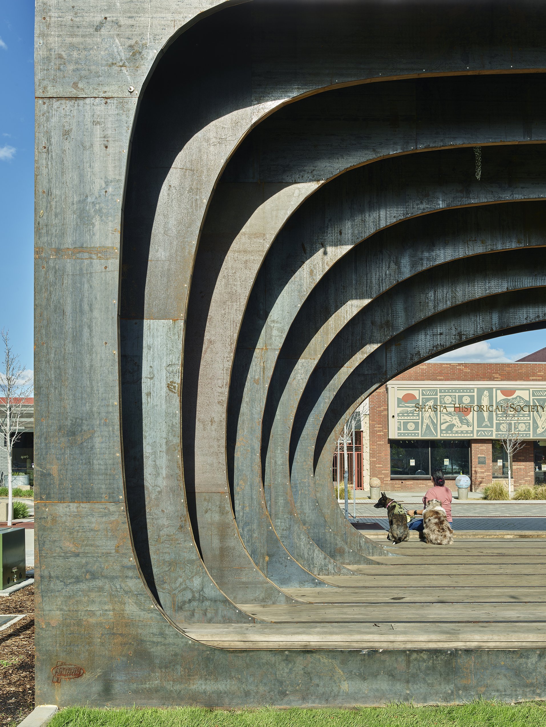 Block 7 Development in Redding, California. Whistle Stop Park custom steel pavilion.
