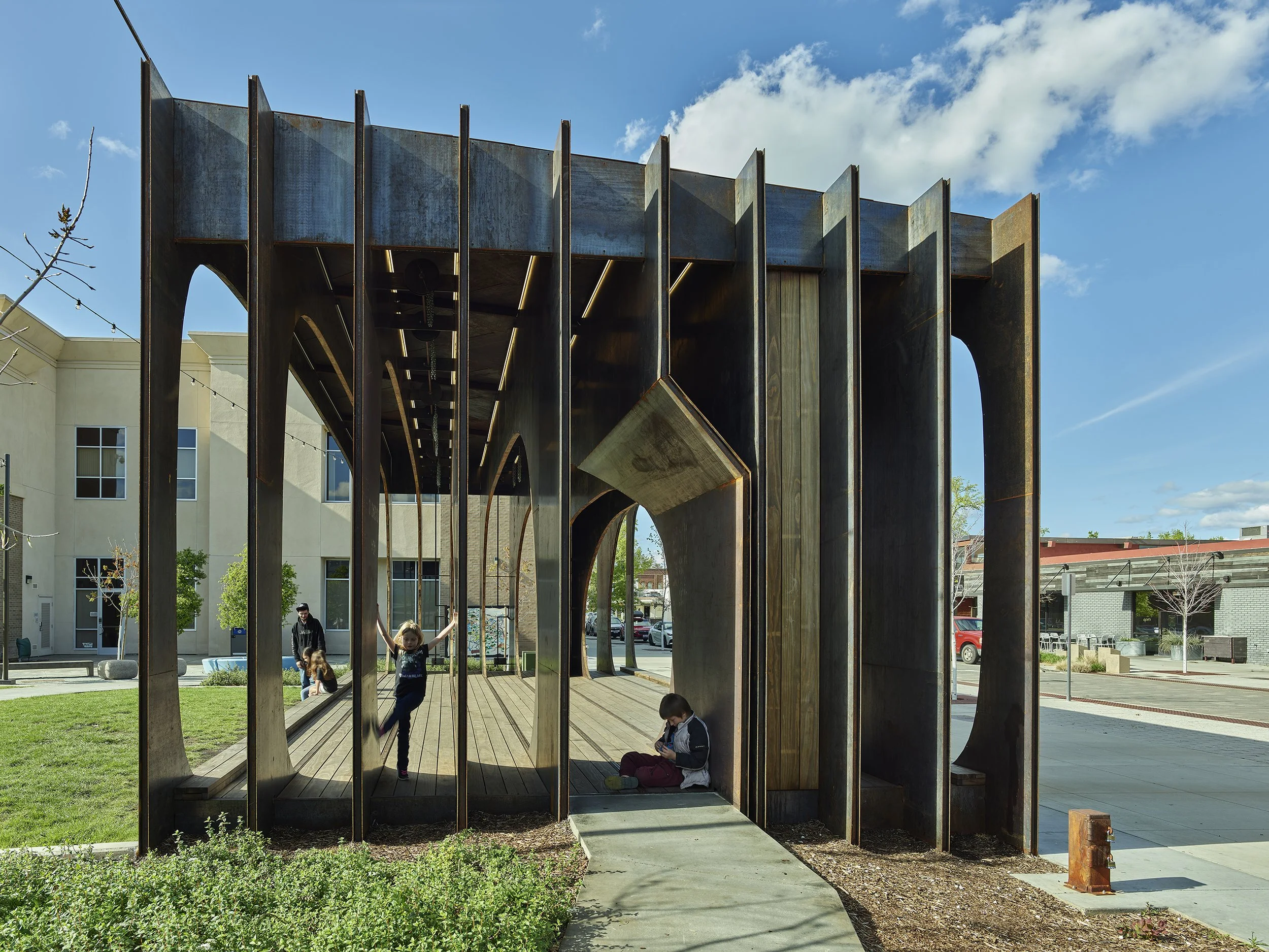 Block 7 Development in Redding, California. Whistle Stop Park custom steel pavilion.