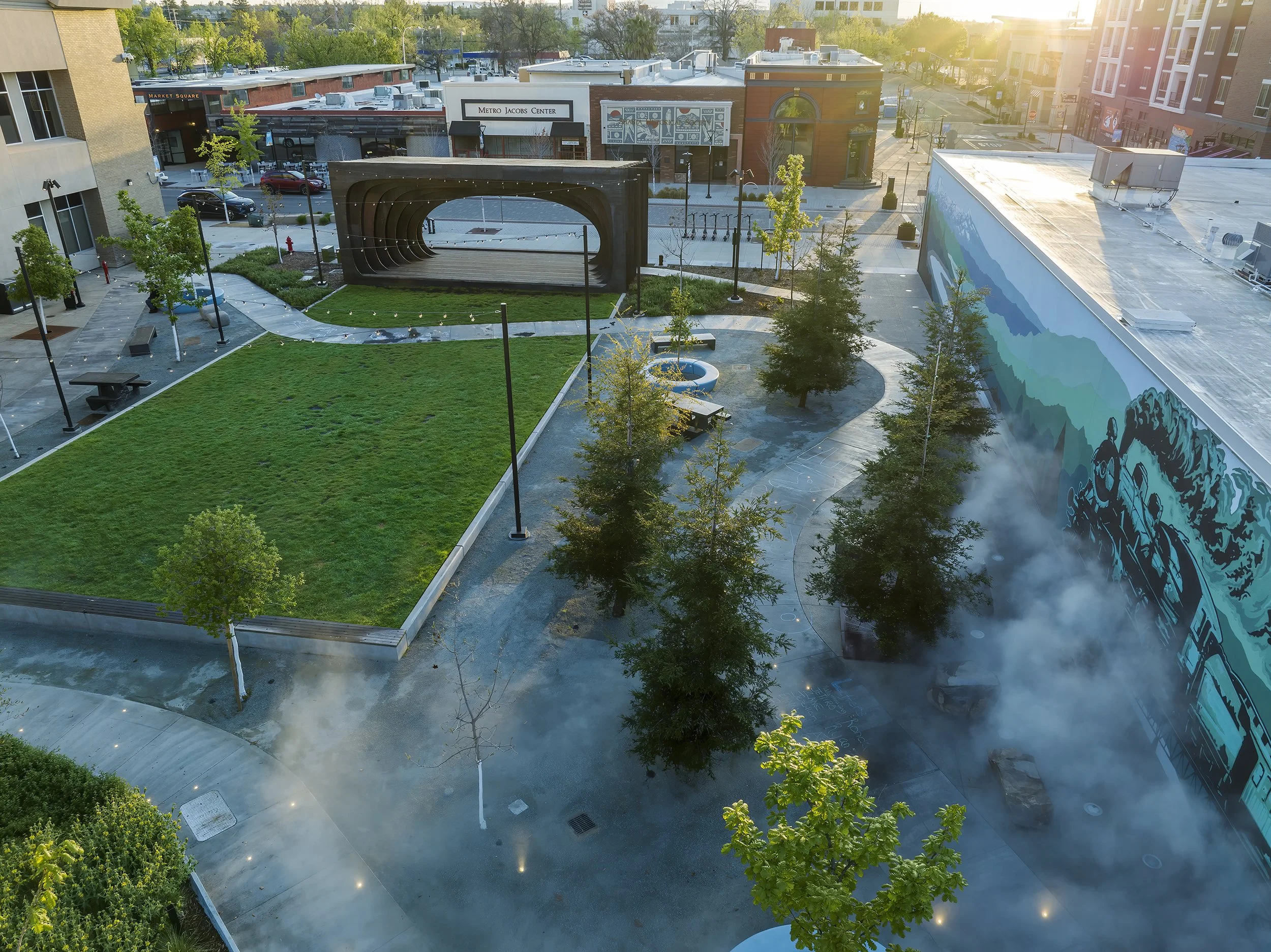 An aerial view of Whistle Stop Park at Block 7 Development in Redding, California.