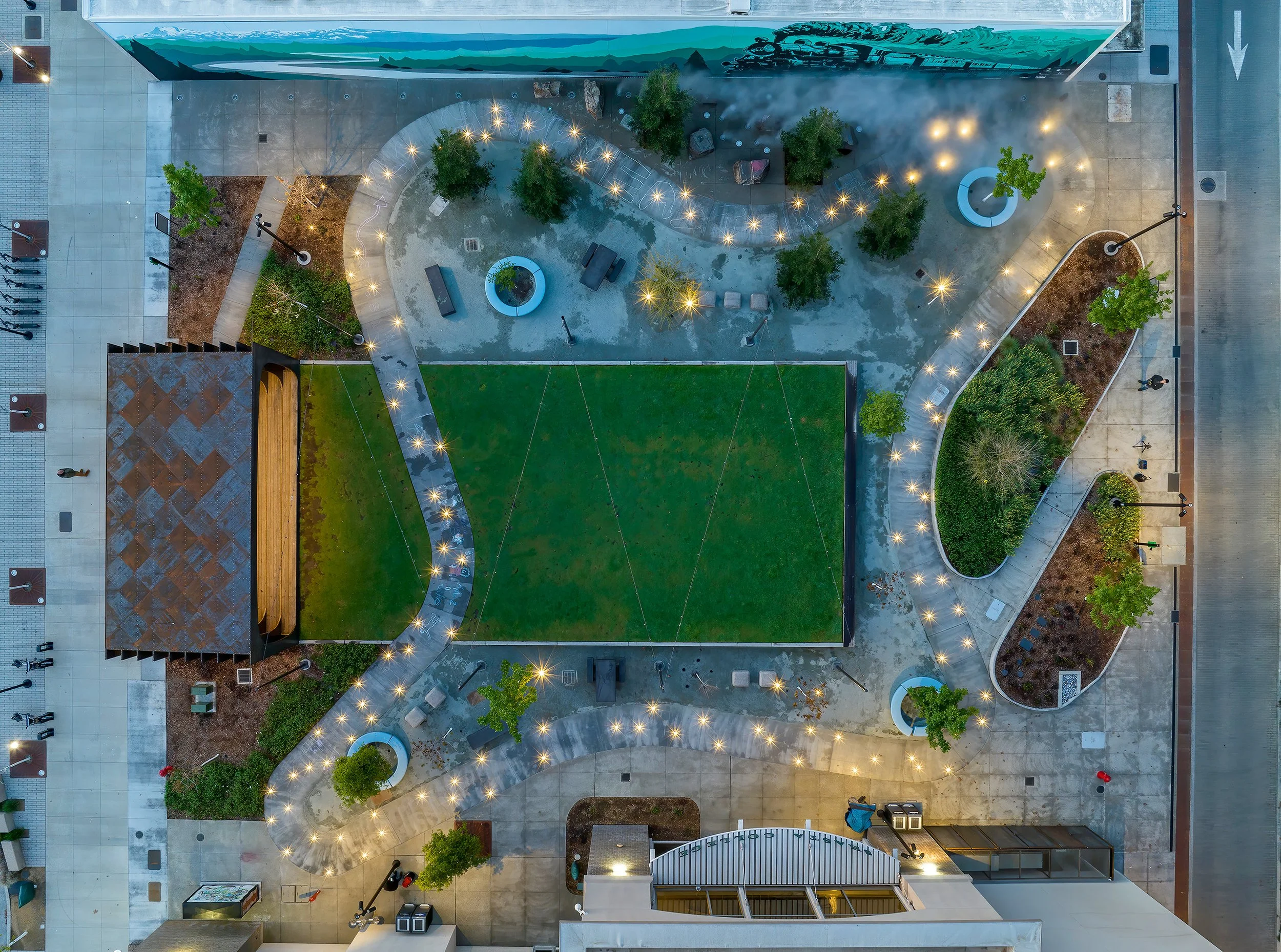 An aerial view of Whistle Stop Park at Block 7 Development in Redding, California.