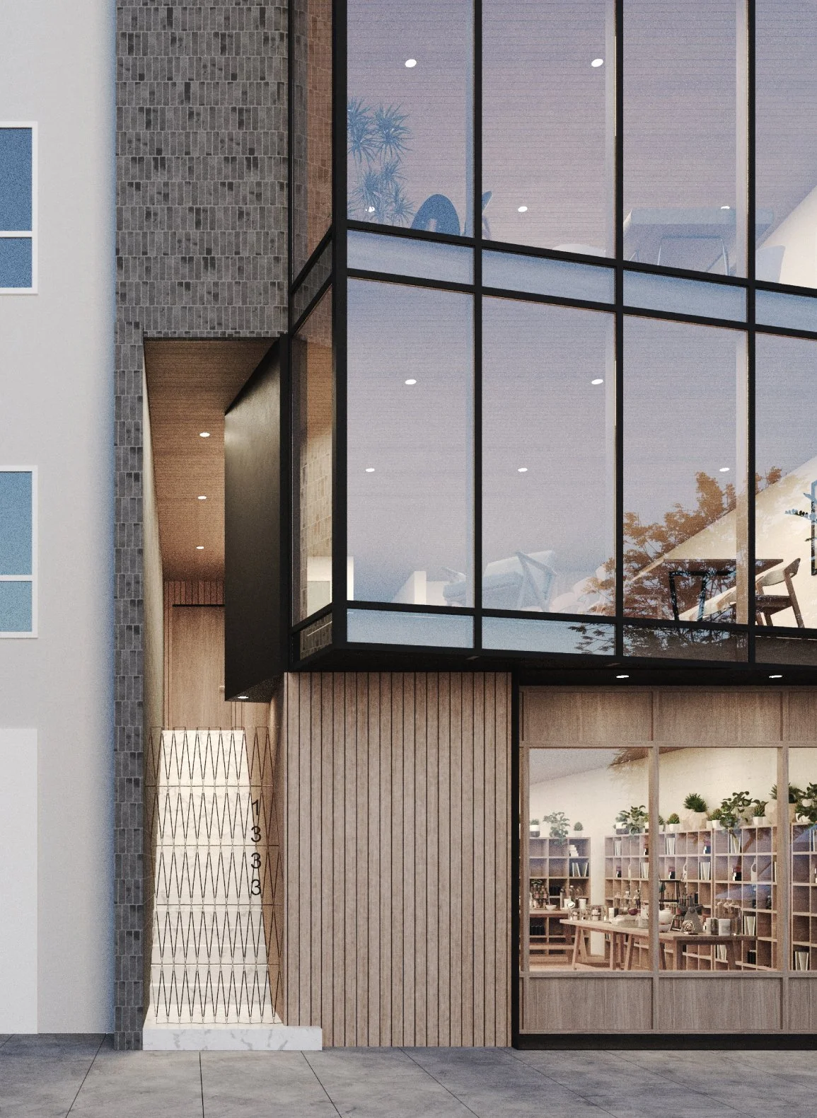 Fisherman's Wharf Condos, San Francisco, California. Modern building facade with large glass windows, wooden paneling, and interior visible through the glass, including plants and furniture.