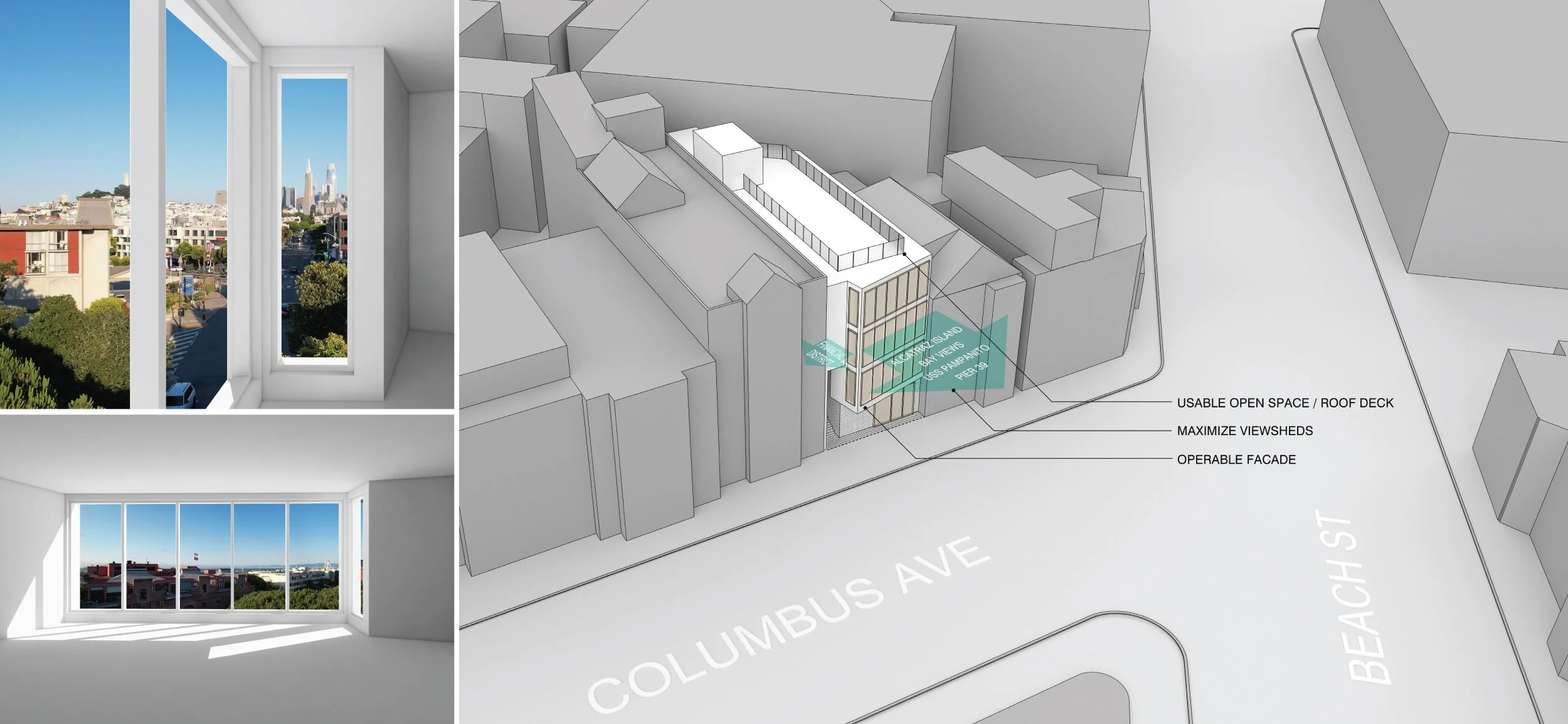 Fisherman's Wharf Condos, San Francisco, California. Rendering of a modern building with large windows, showing city views including downtown skyscrapers.